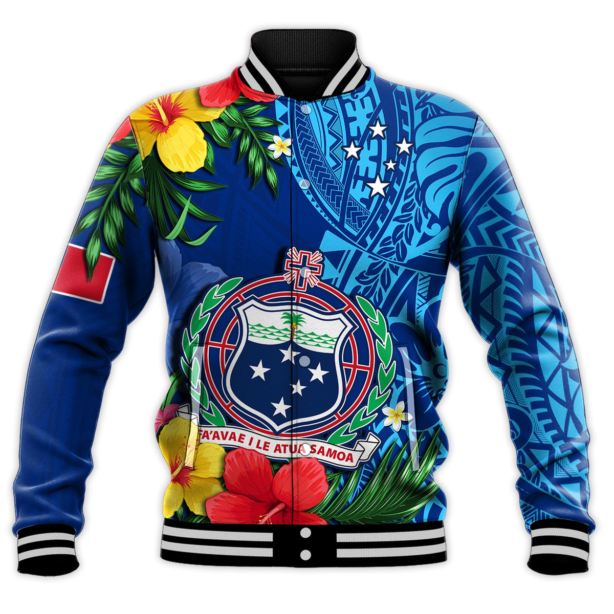 Samoa Baseball Jacket Coat Of Arms Mix Tropical Flowers LT14 Unisex Blue - Polynesian Pride
