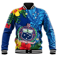 Samoa Baseball Jacket Coat Of Arms Mix Tropical Flowers LT14 Unisex Blue - Polynesian Pride