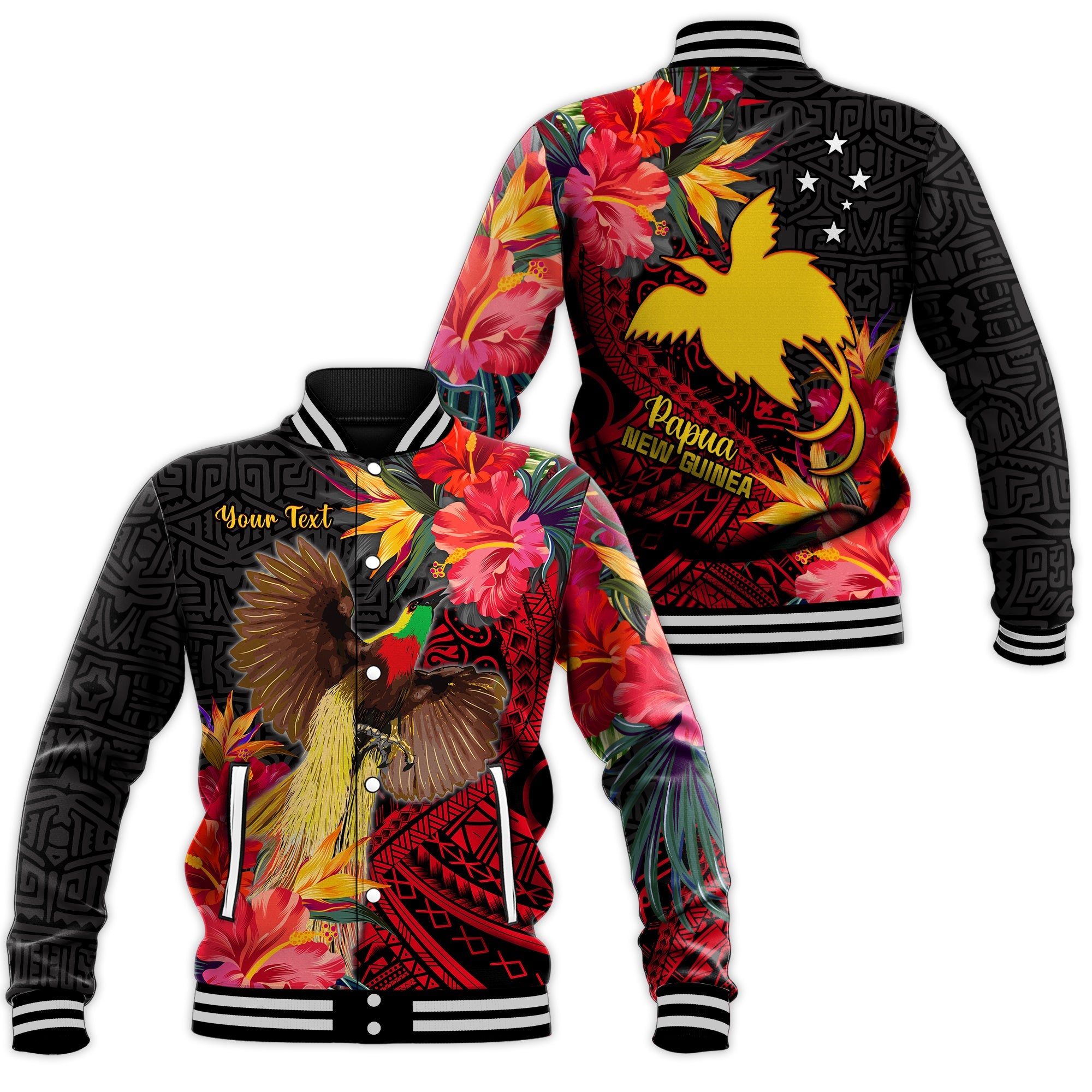 (Custom Personalised) Papua New Guinea Baseball Jacket Bird of Paradise LT13 Unisex Black - Polynesian Pride