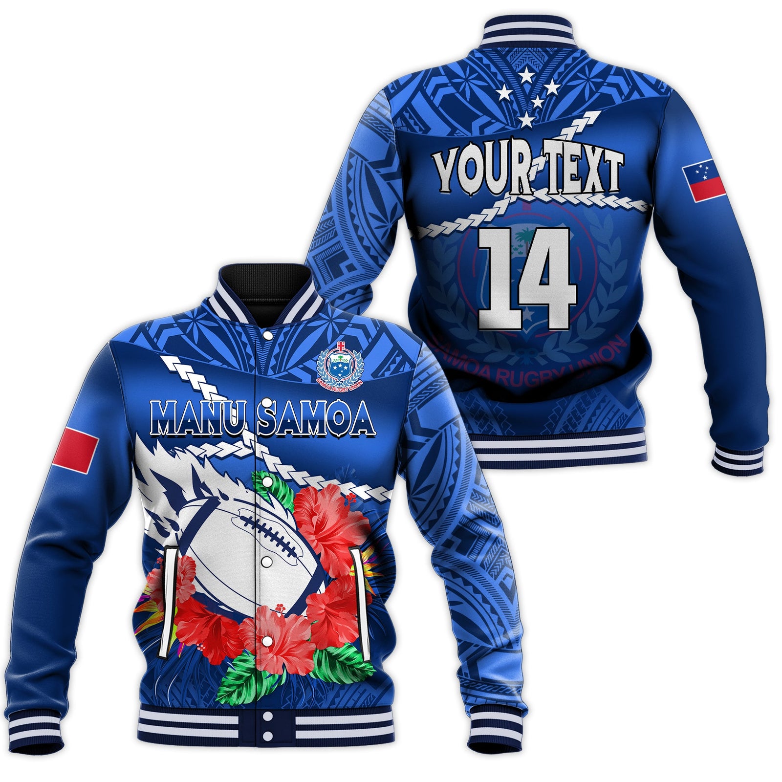 (Custom Text And Number) Samoa Rugby Baseball Jacket Manu Samoa Polynesian Hibiscus Blue Style LT14 Unisex Blue - Polynesian Pride