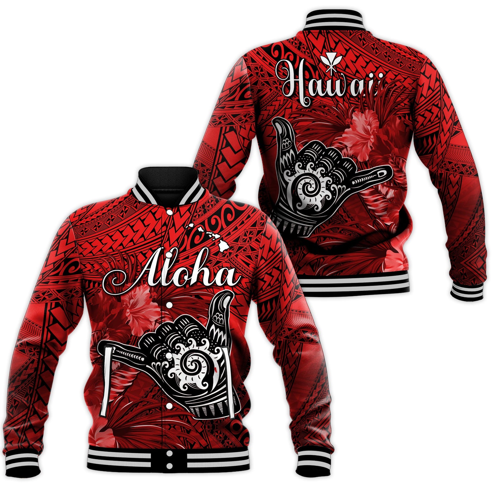 The Shaka Hawaii Baseball Jacket Tropical Flowers Red Version LT13 Unisex Red - Polynesian Pride