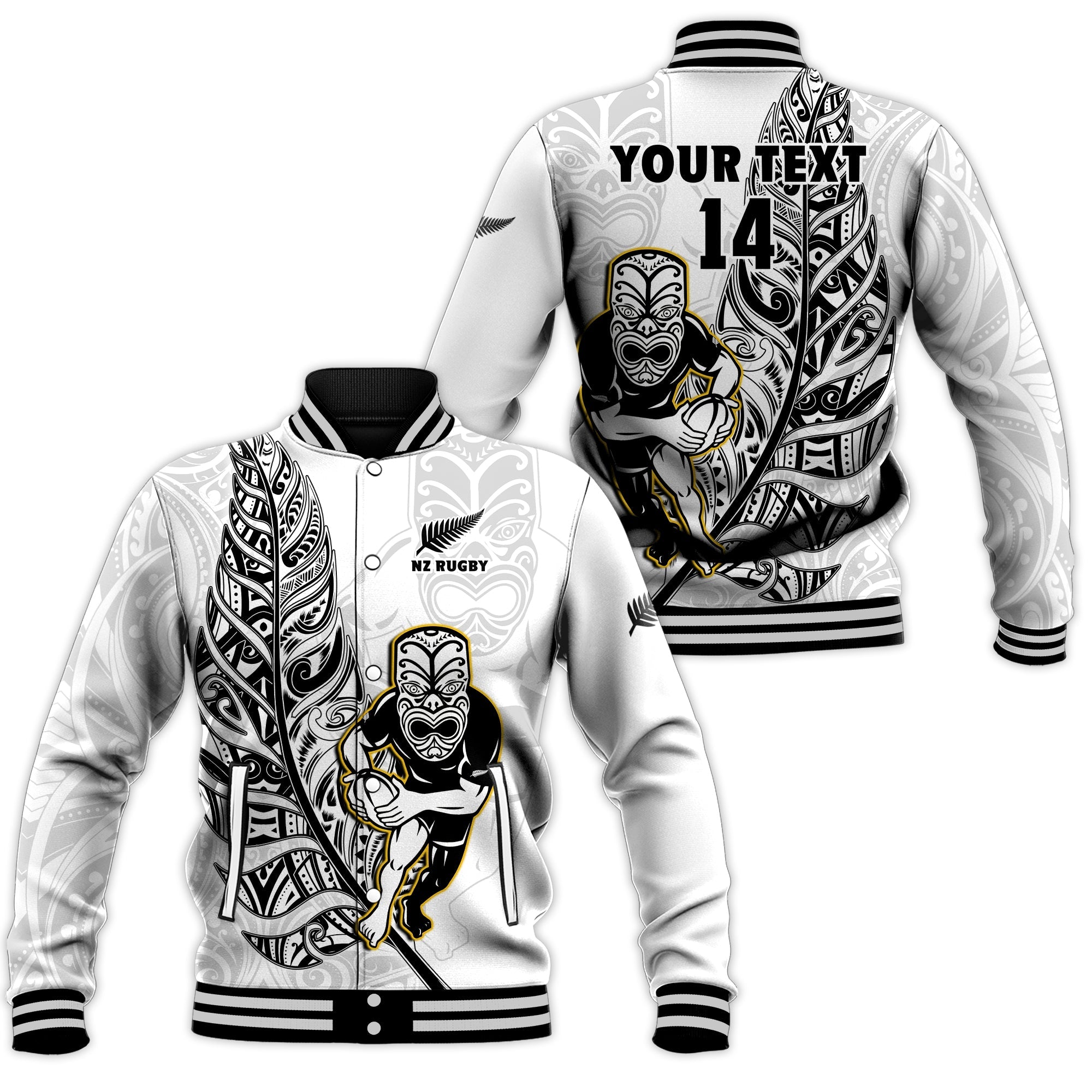 (Custom Text And Number) New Zealand Silver Fern Rugby Baseball Jacket All Black Maori Version White LT14 Unisex White - Polynesian Pride