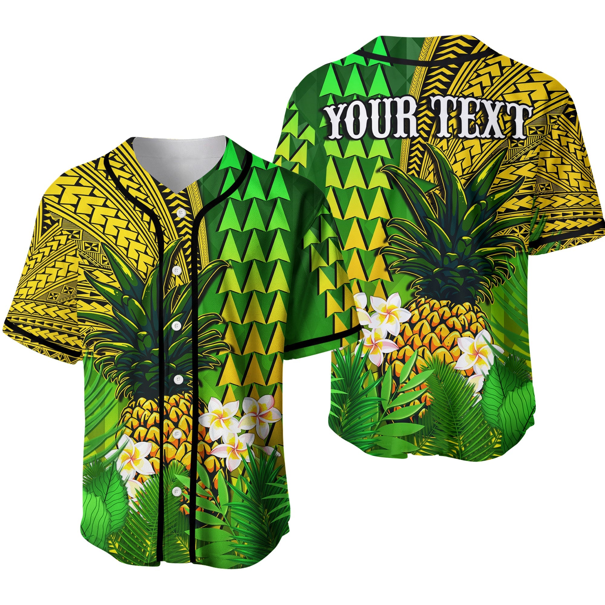 (Custom Personalised) Hawaii Pineapple Baseball Jersey Plumeria Frangipani Mix Tribal Pattern Ver.02 LT13 Green - Polynesian Pride