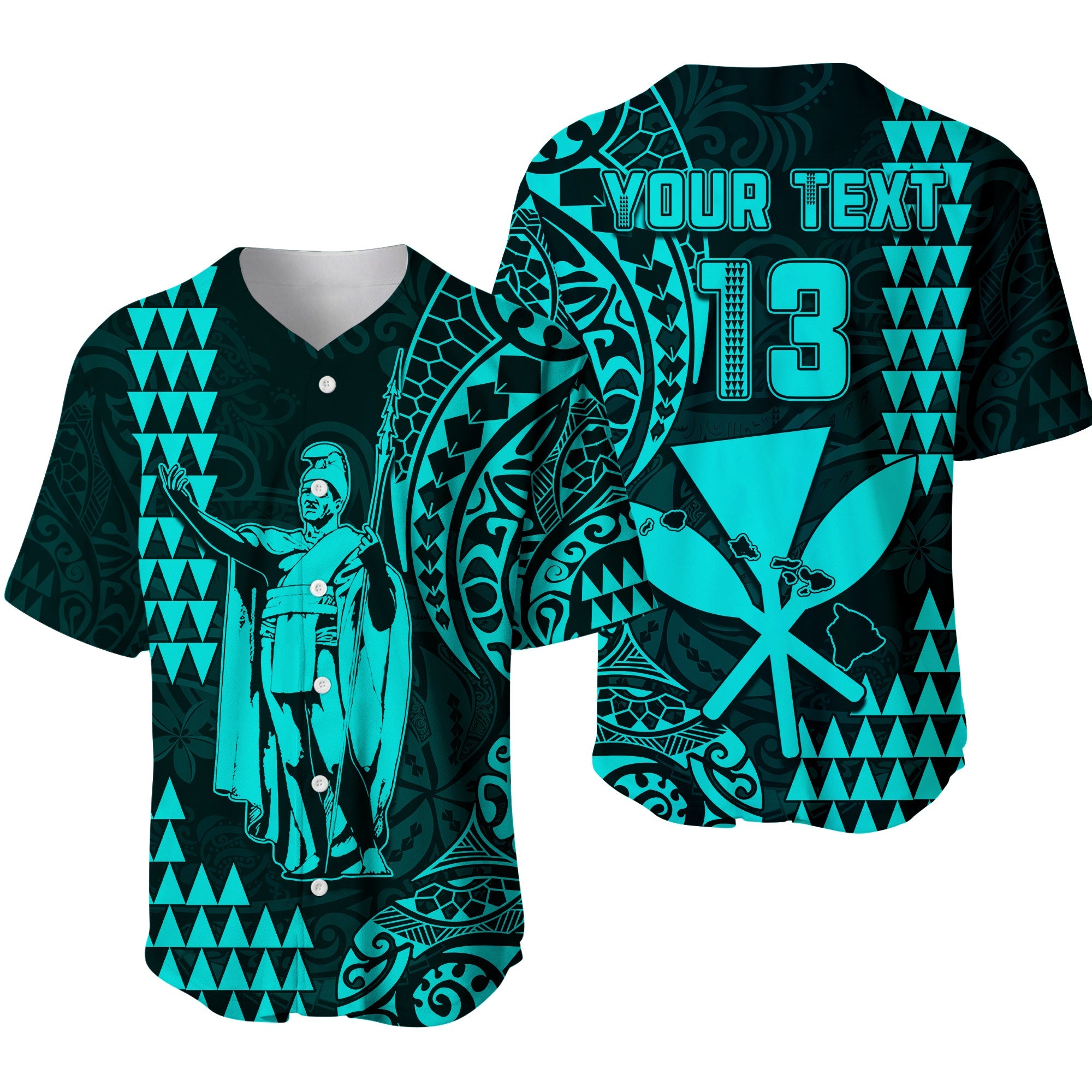 (Custom Text and Number) Hawaii Day Kakau Baseball Jersey Proud To Be Hawaiian Turquoise King Kamehameha and Kanaka Maoli LT13 Turquoise - Polynesian Pride