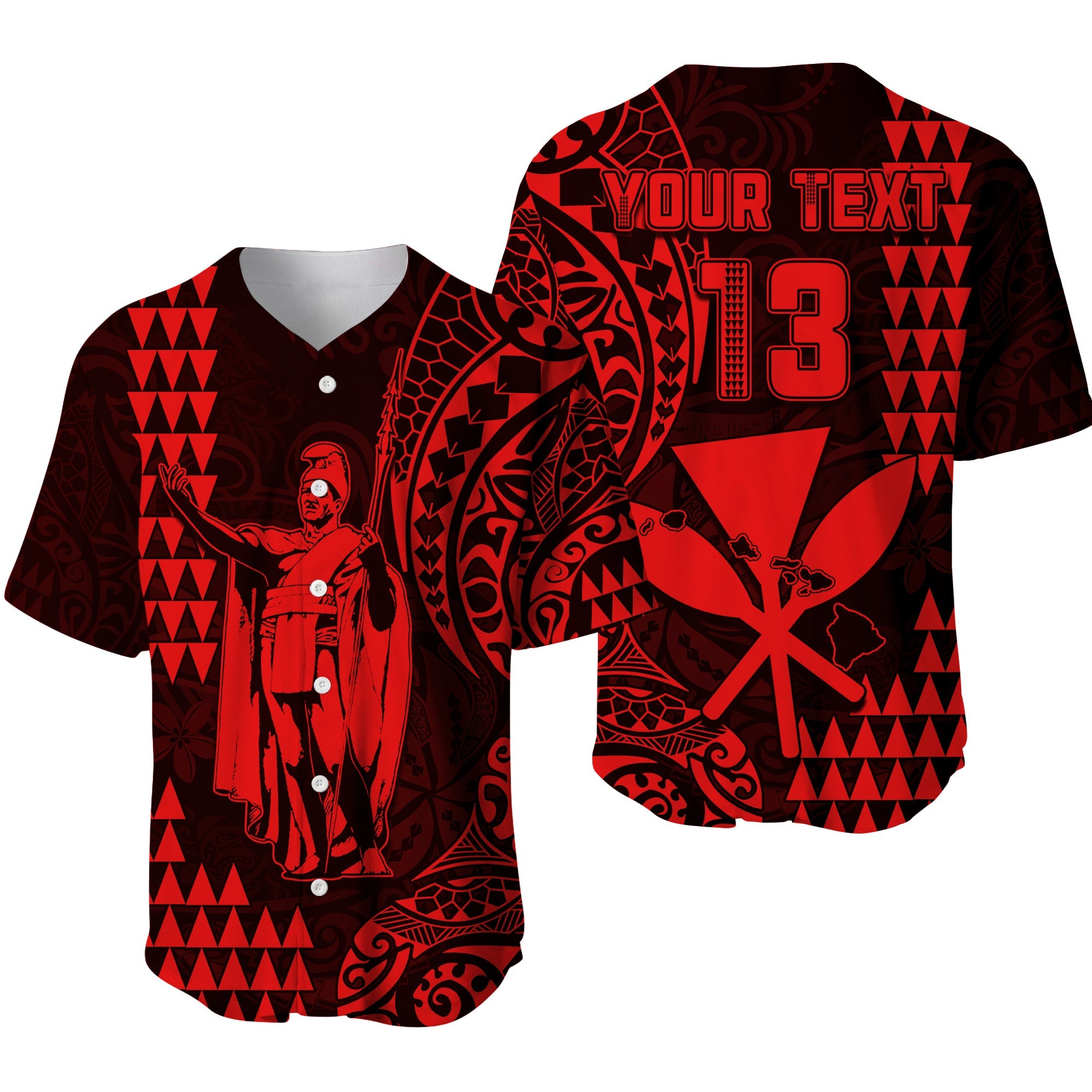 (Custom Text and Number) Hawaii Day Kakau Baseball Jersey Proud To Be Hawaiian Red King Kamehameha and Kanaka Maoli LT13 Red - Polynesian Pride