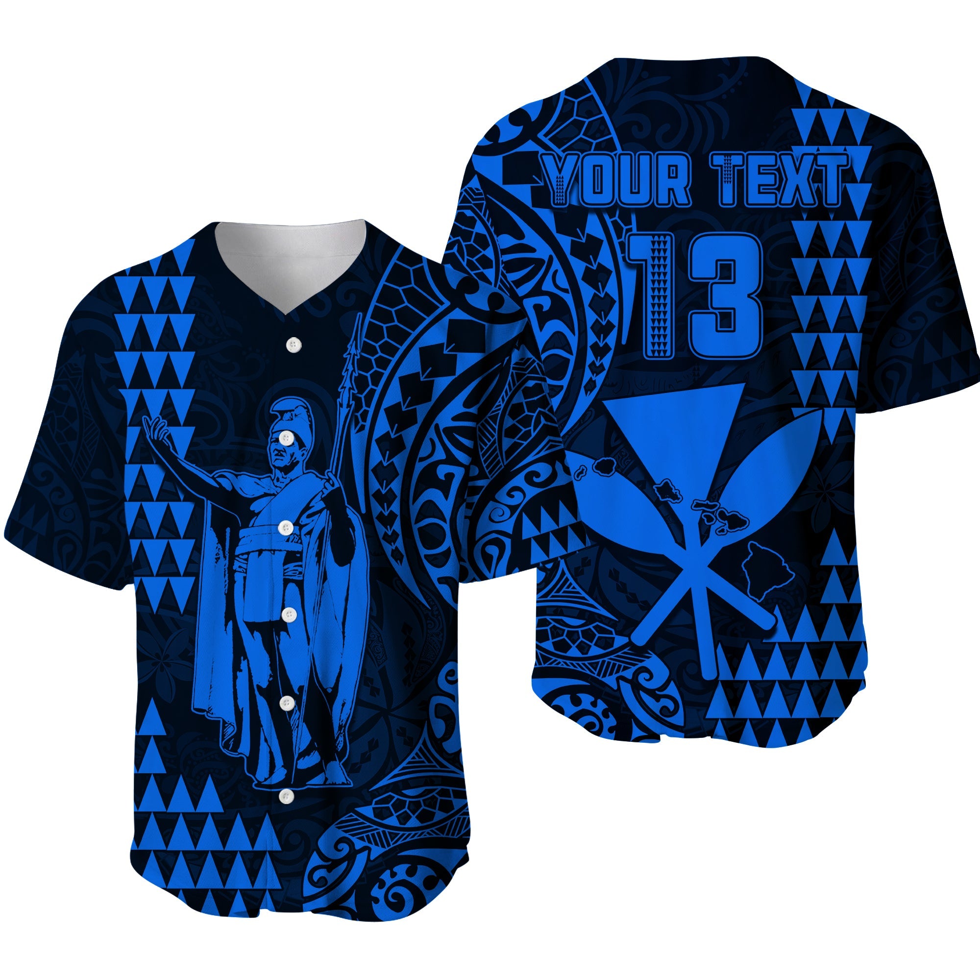 (Custom Text and Number) Hawaii Day Kakau Baseball Jersey Proud To Be Hawaiian Blue King Kamehameha and Kanaka Maoli LT13 Blue - Polynesian Pride