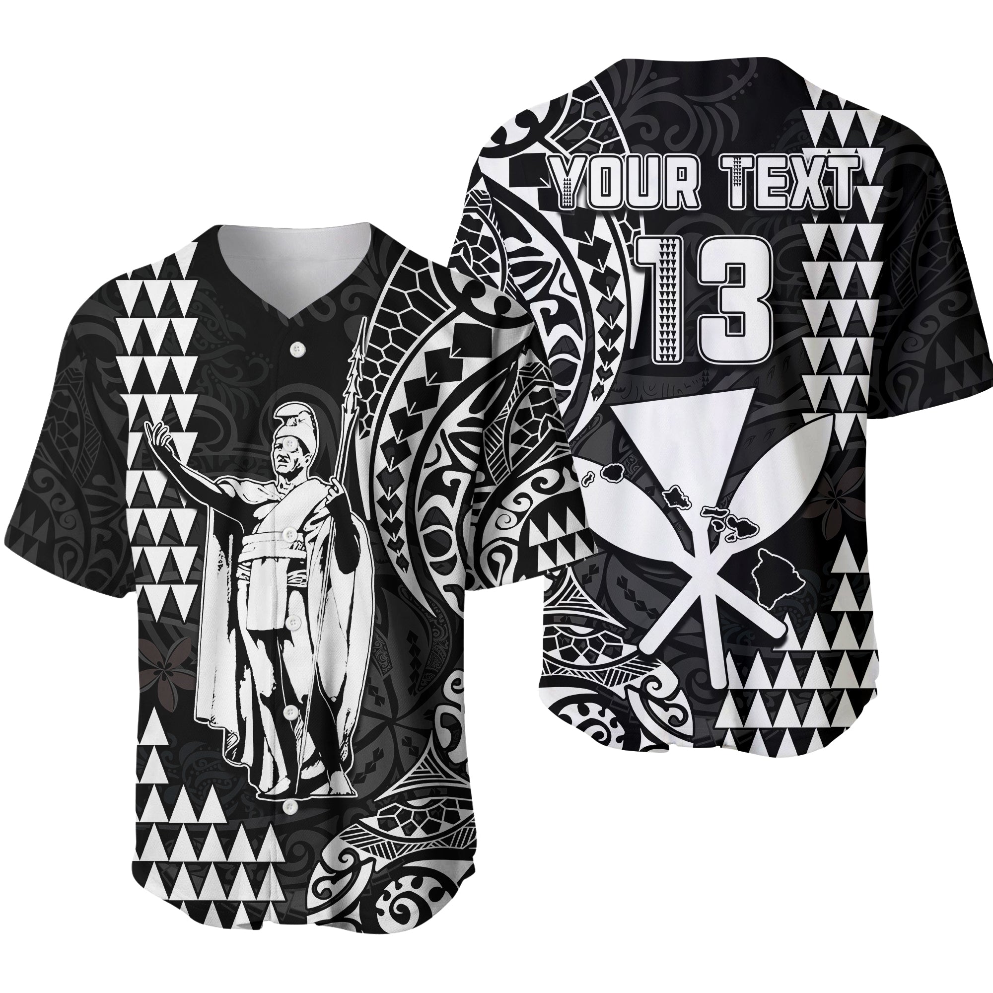 (Custom Text and Number) Hawaii Day Kakau Baseball Jersey Proud To Be Hawaiian Black King Kamehameha and Kanaka Maoli LT13 Black - Polynesian Pride