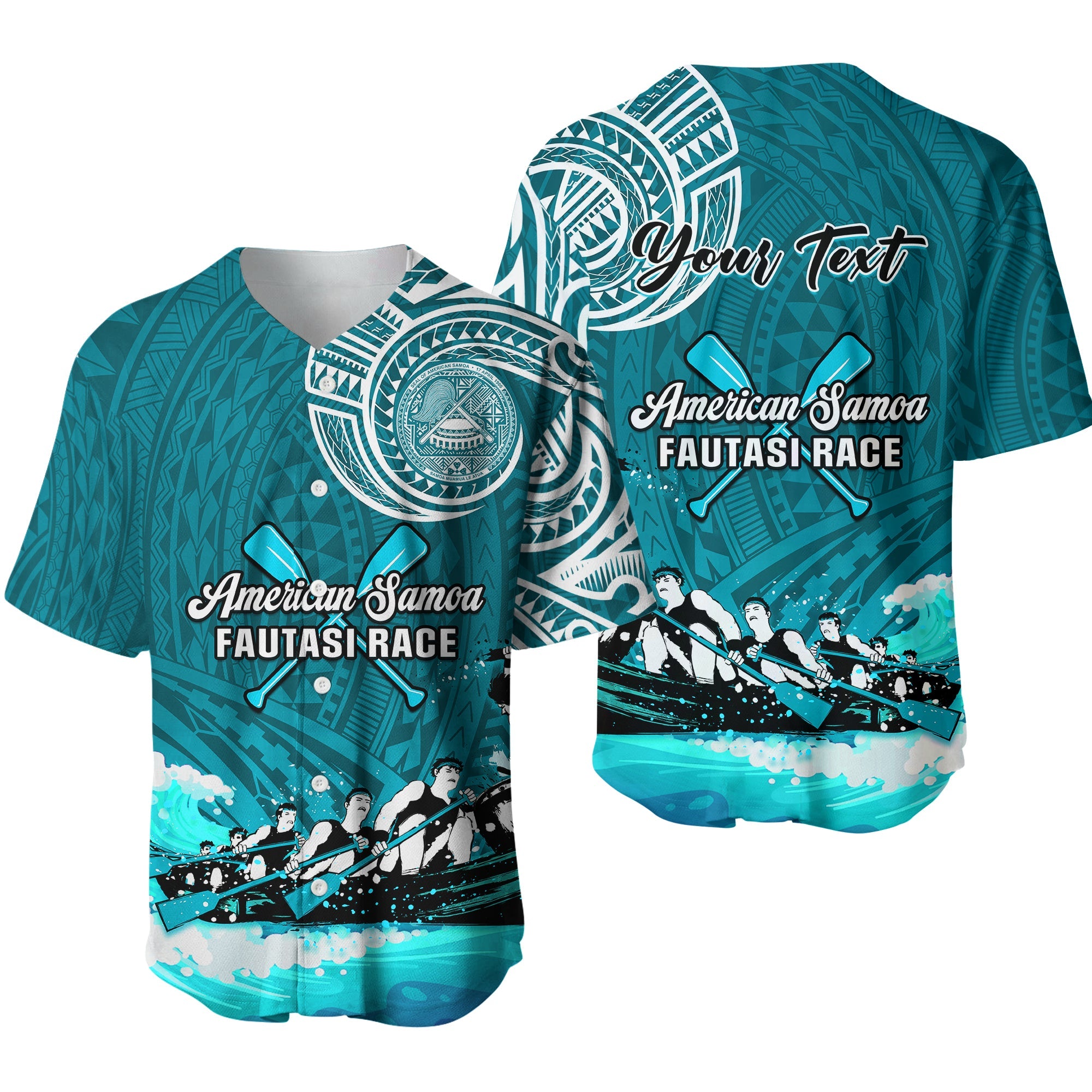 (Custom Personalised) American Samoa Baseball Jersey Fautasi Race Samoan Pattern Ver.03 LT14 Turquoise - Polynesian Pride