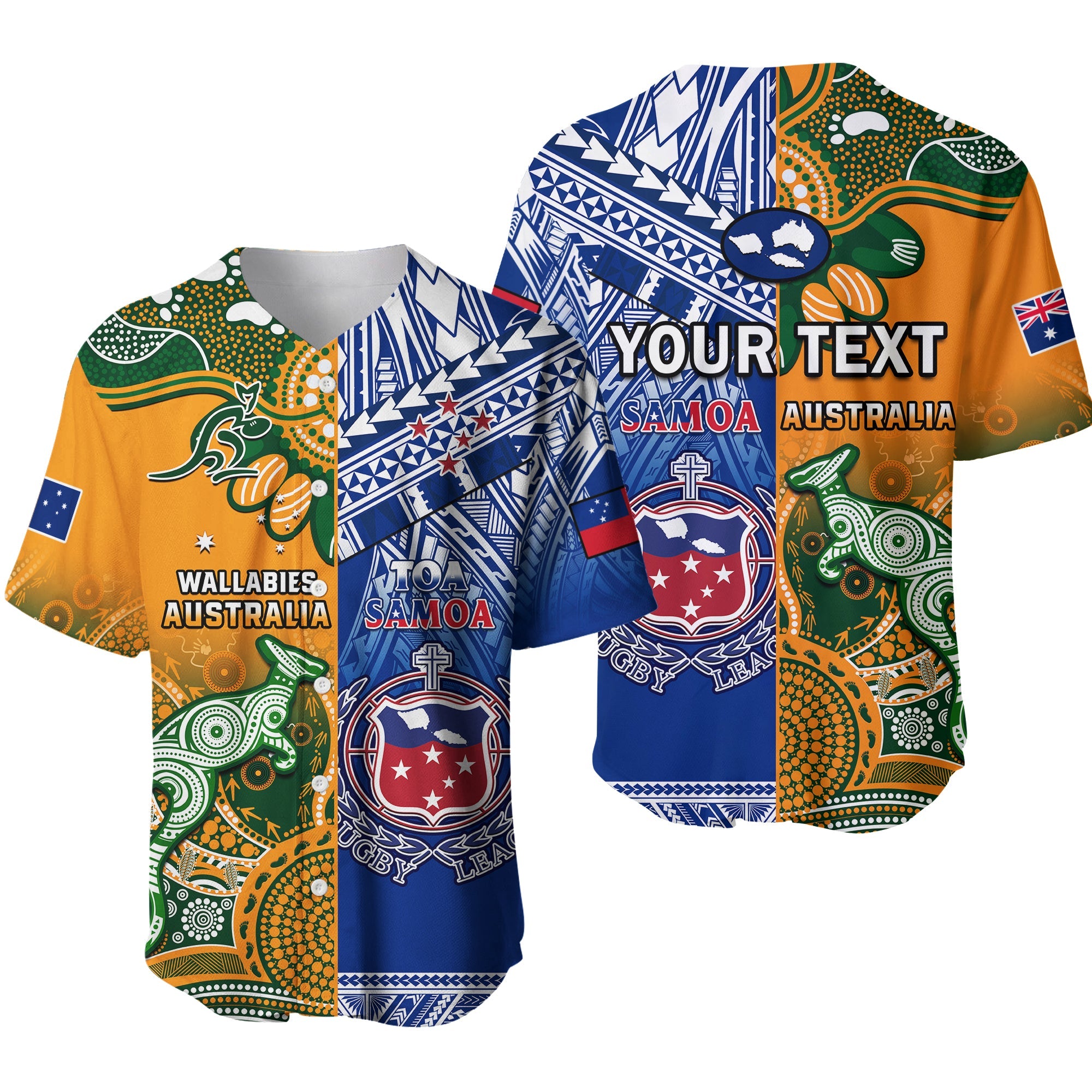 (Custom Personalised) Australia Wallabies And Toa Samoa Rugby Baseball Jersey Aboriginal Mix Polynesian Ver.02 LT14 Blue - Polynesian Pride