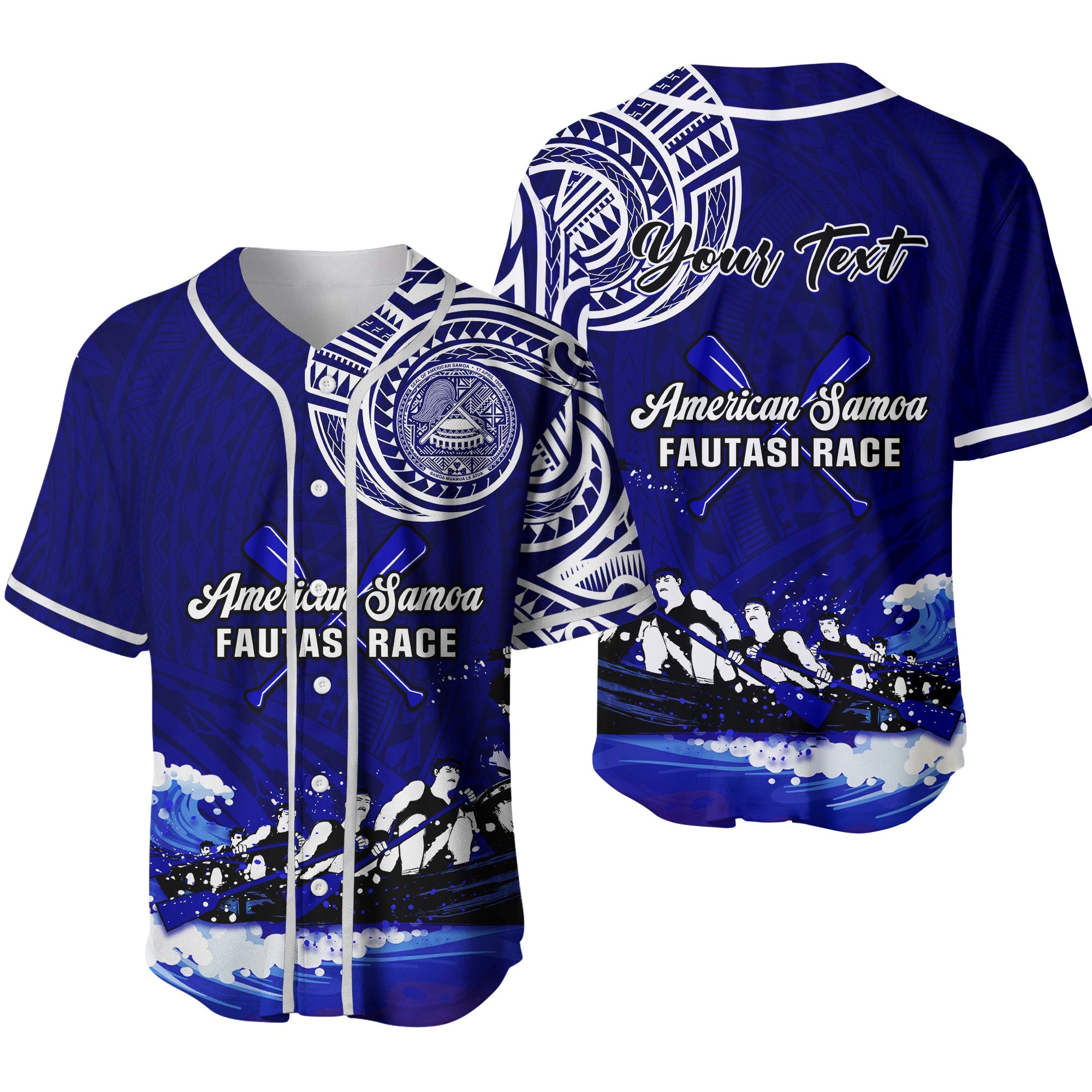 (Custom Personalised) American Samoa Baseball Jersey Border Fautasi Race Samoan Pattern Ver.01 LT14 Blue - Polynesian Pride