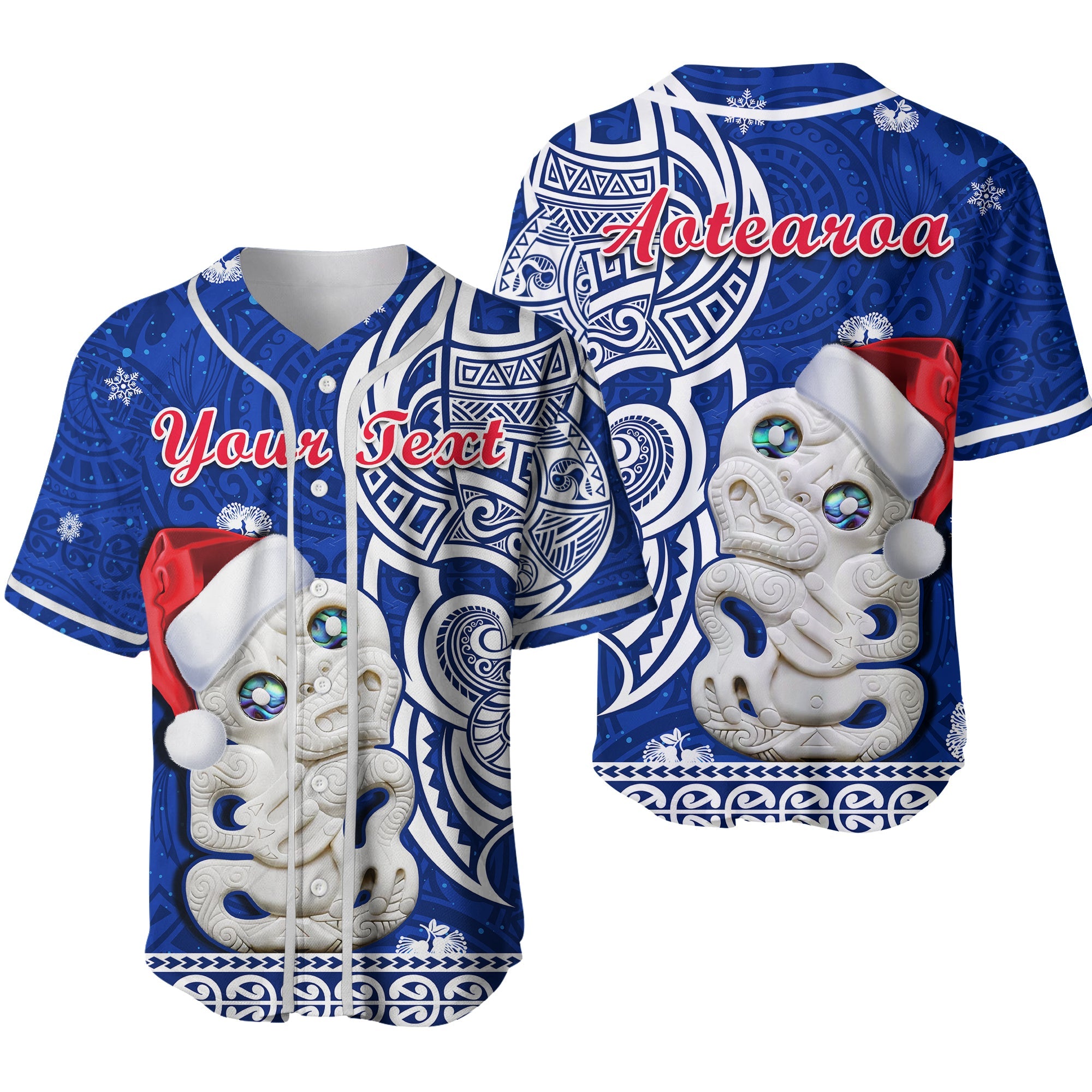 (Custom Personalised) New Zealand Christmas Baseball Jersey Hei Tiki Blue Pohutukawa Meri Kirihimete Ver.02 LT14 Blue - Polynesian Pride