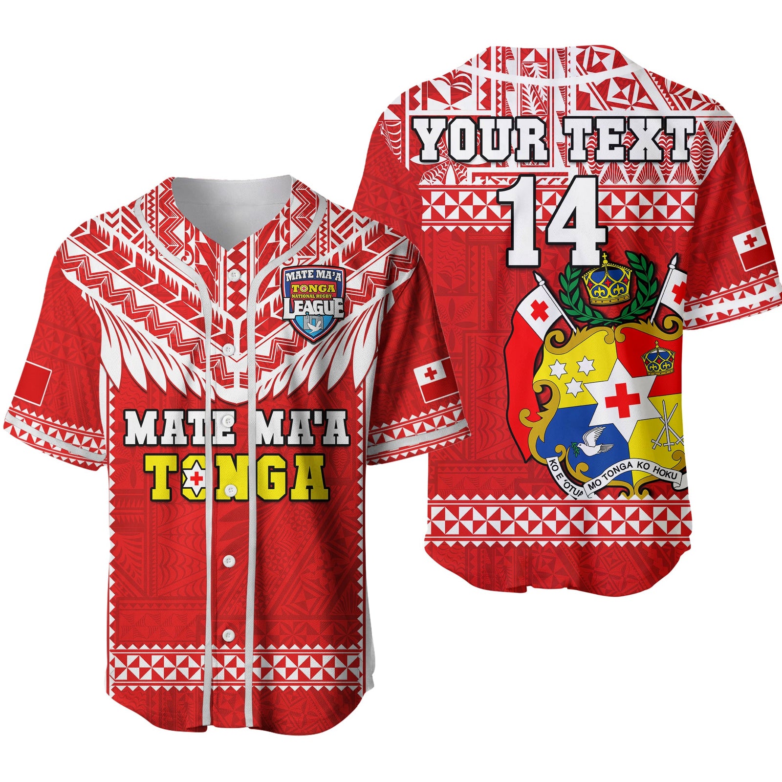(Custom Text And Number) Tonga Rugby Baseball Jersey Mate Maa Tonga Pacific Ngatu White Ver.02 LT14 Red - Polynesian Pride