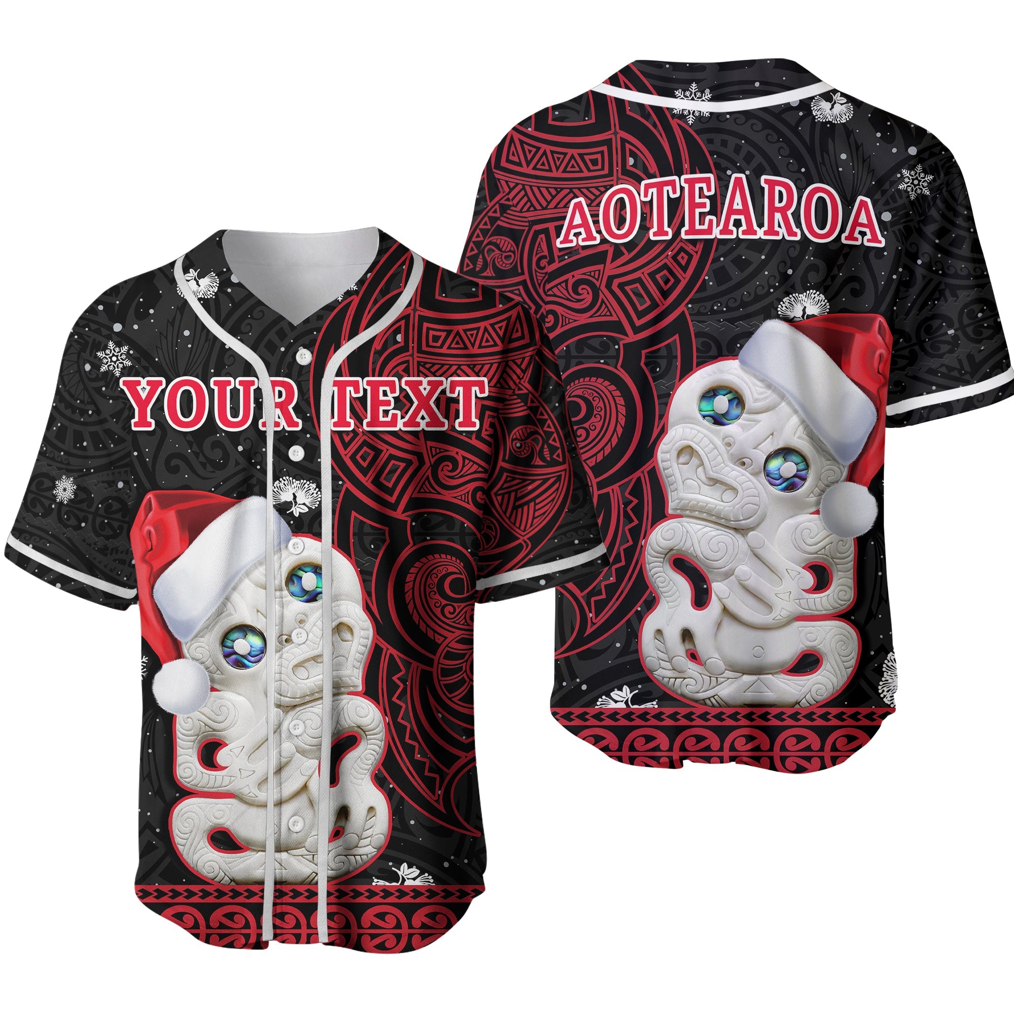 (Custom Personalised) New Zealand Christmas Baseball Jersey Hei Tiki Red Pohutukawa Meri Kirihimete Ver.02 LT14 Red - Polynesian Pride