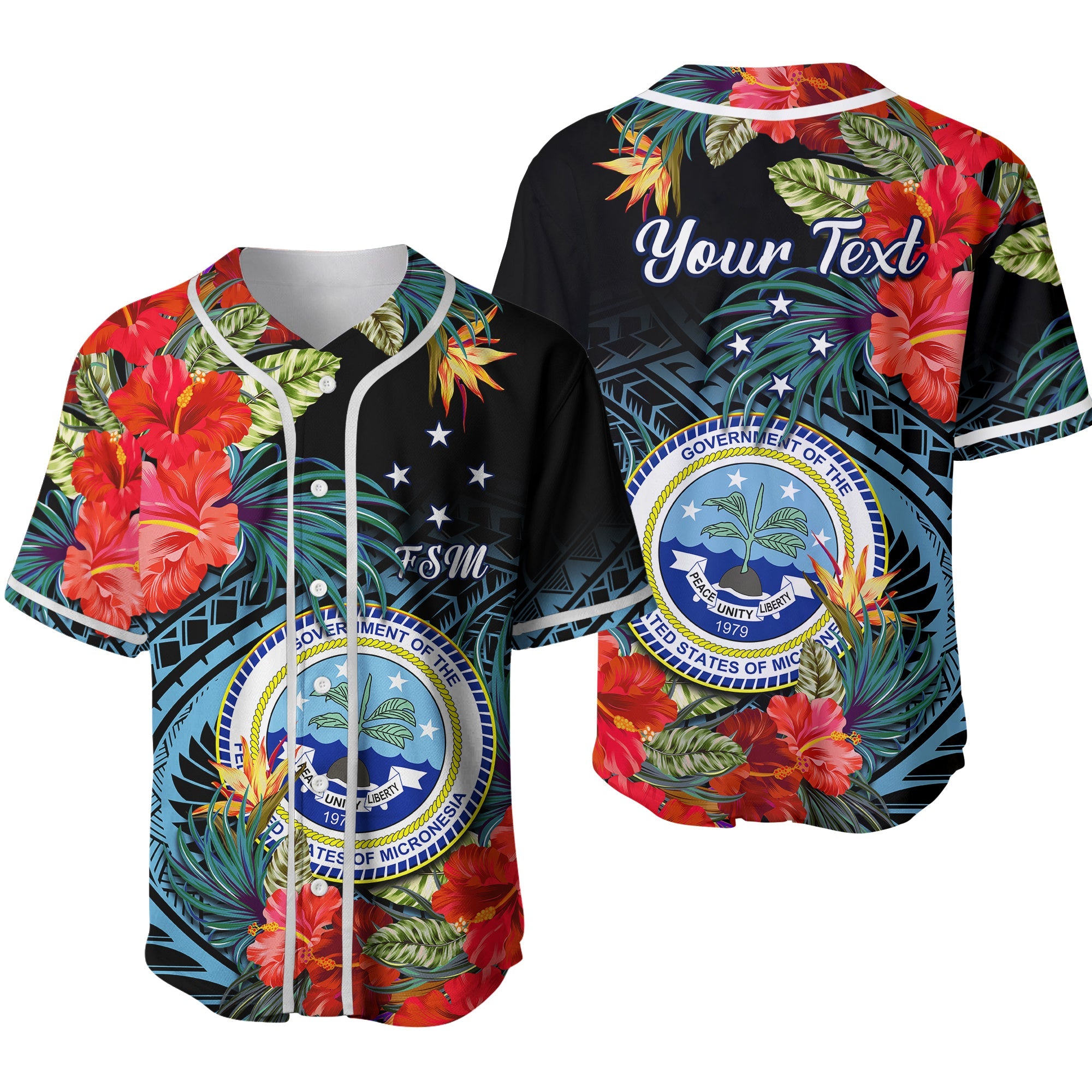 (Custom Personalised) Federated States of Micronesia Baseball Jersey Hibiscus Flowers FSM Seal Polynesian Ver.02 LT14 Black - Polynesian Pride