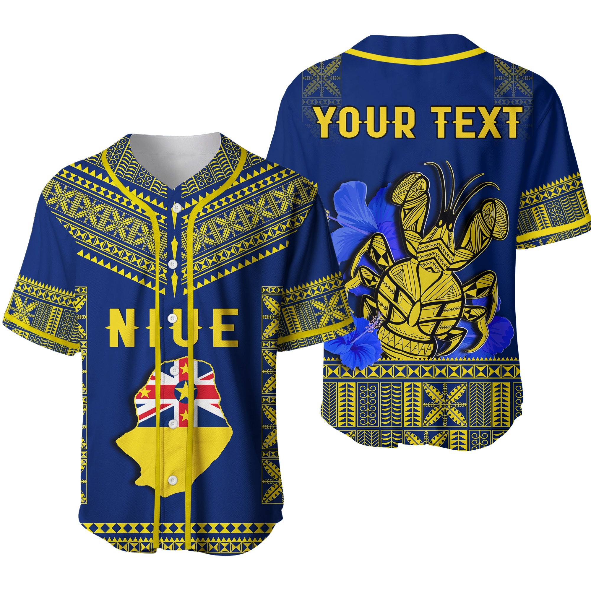 (Custom Personalised) Niue Baseball Jersey Happy Constitution Day Niuean Hiapo Crab With Map Ver.02 LT14 Blue - Polynesian Pride