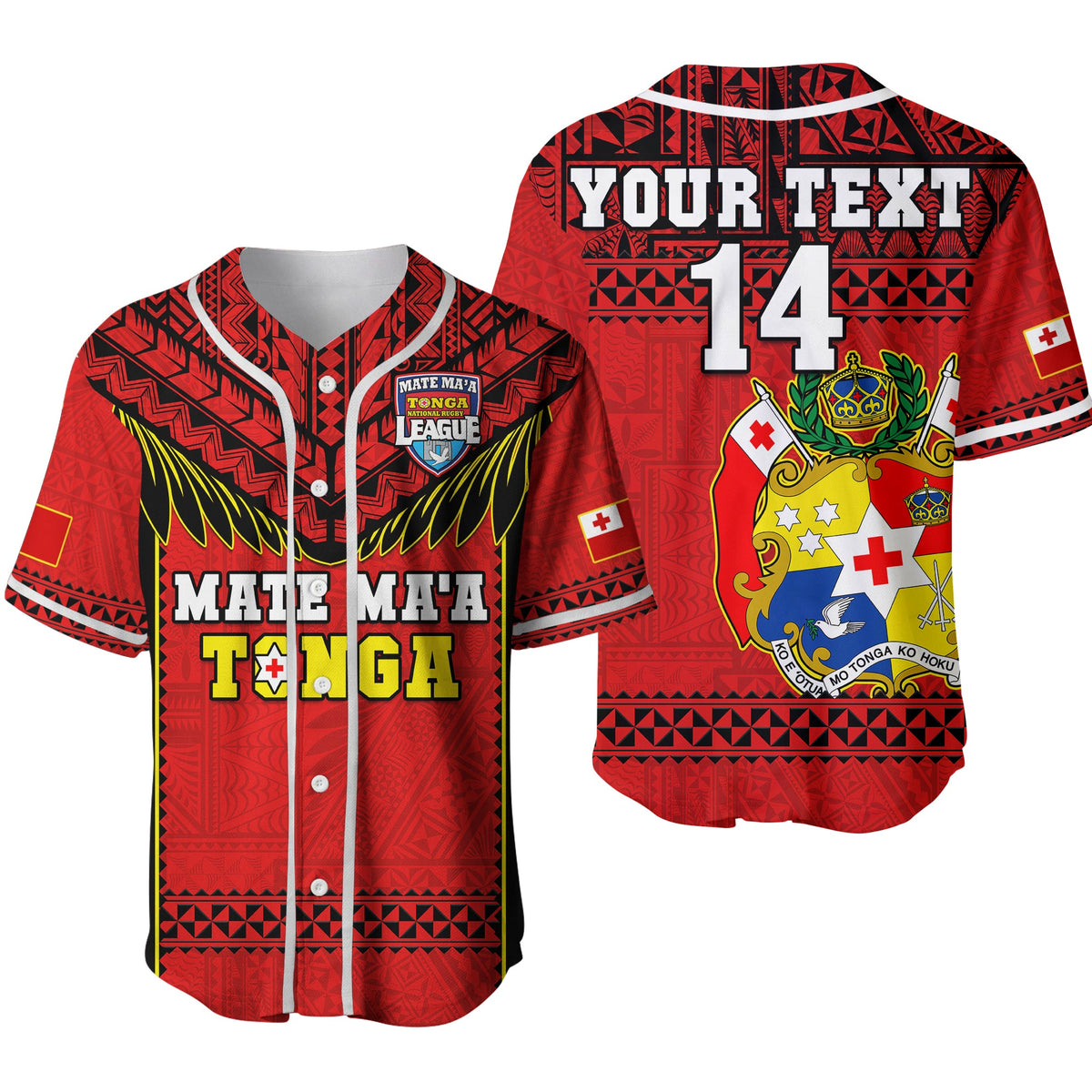 (Custom Text And Number) Tonga Rugby Baseball Jersey Mate Maa Tonga Pacific Ngatu Black Ver.02 LT14 Red - Polynesian Pride
