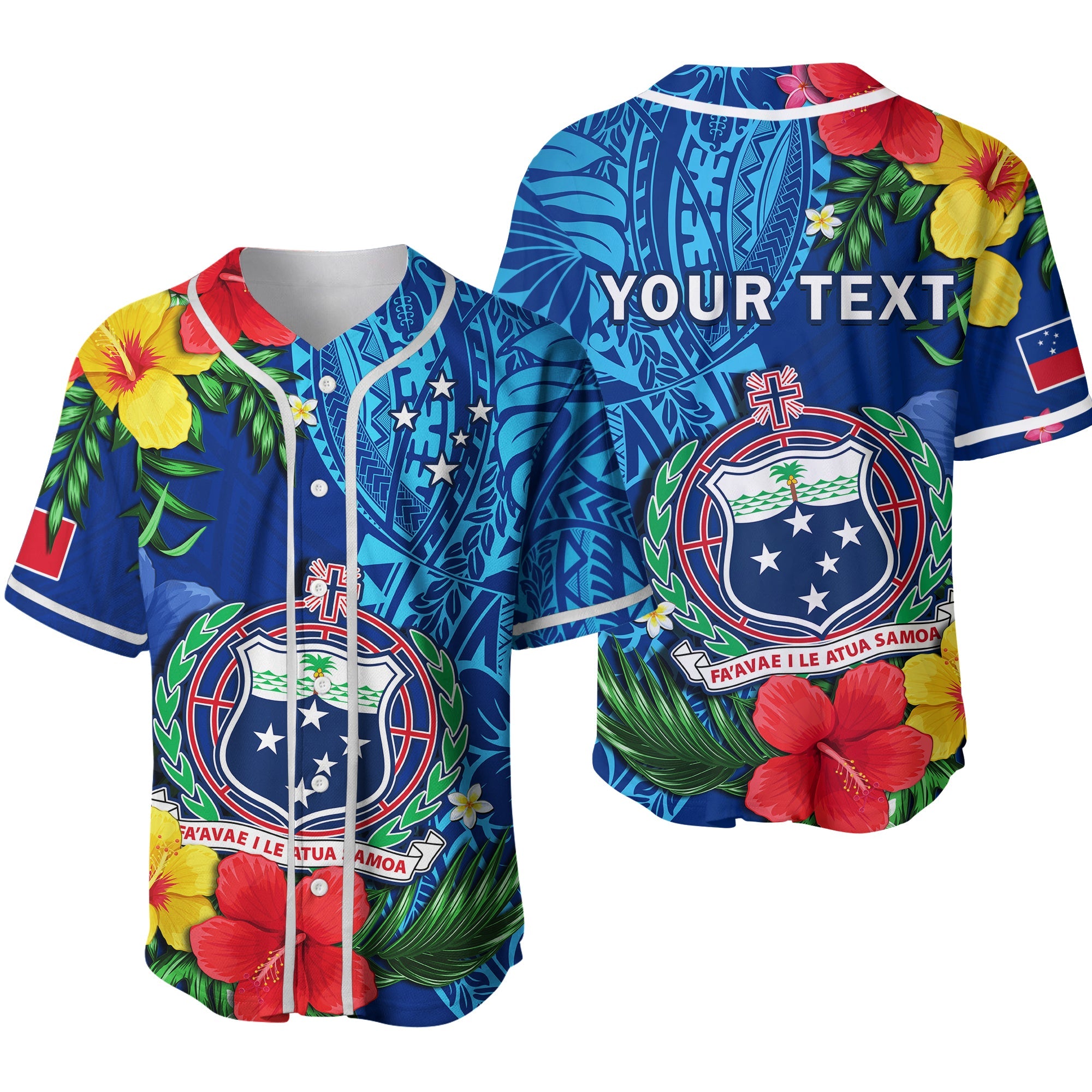 (Custom Personalised) Samoa Baseball Jersey Coat Of Arms Mix Tropical Flowers Ver.02 LT14 Blue - Polynesian Pride