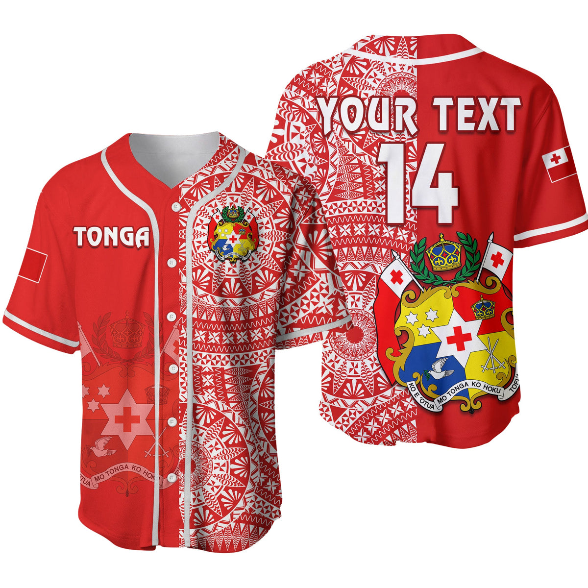 (Custom Text And Number) Tonga Baseball Jersey Tongan Coat Of Arms Ngatu Pattern Ver.02 LT14 Red - Polynesian Pride