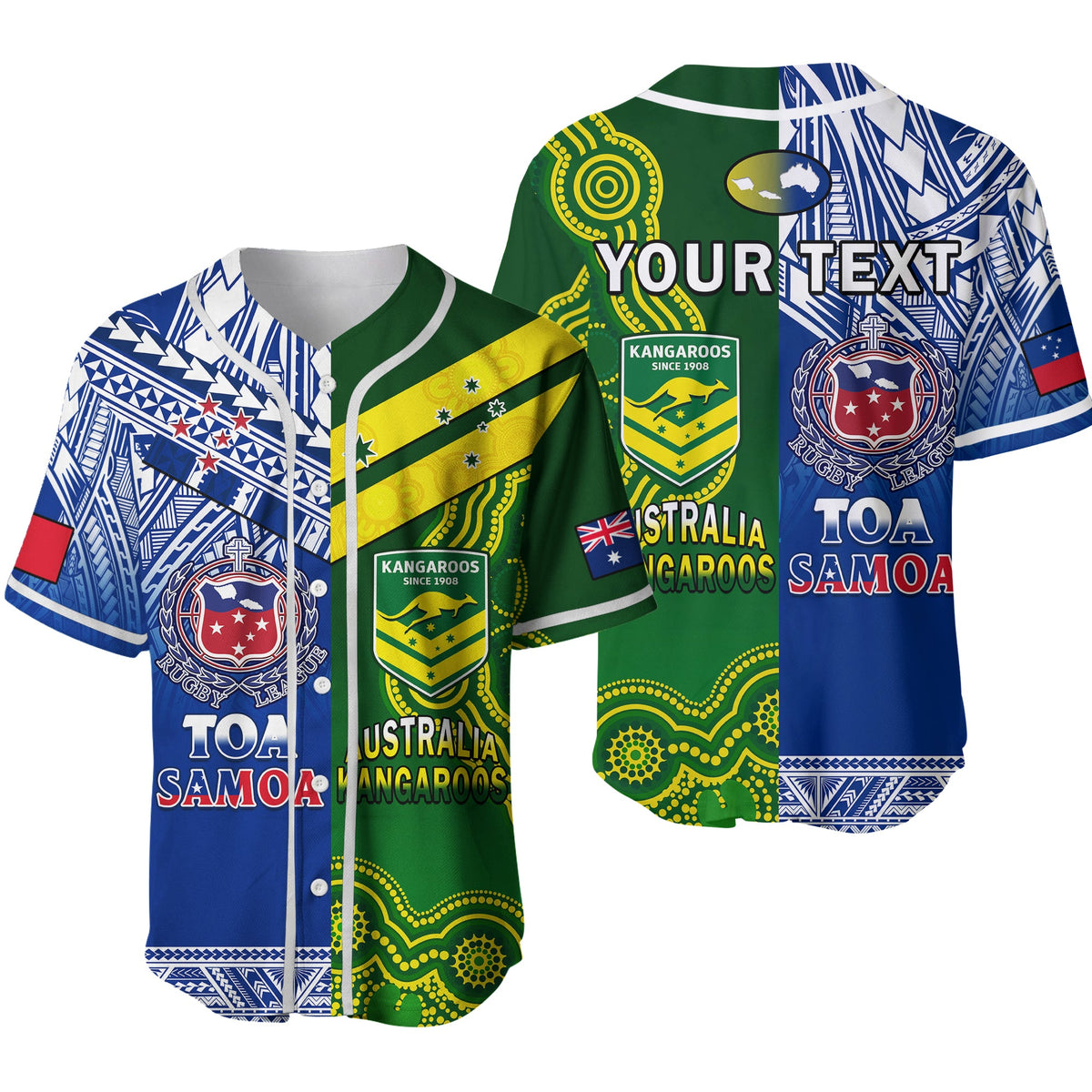 (Custom Personalised) Samoa Rugby and Australia Rugby Baseball Jersey Toa Samoa Mix Kangaroos Pacific Ver.02 LT14 Art - Polynesian Pride