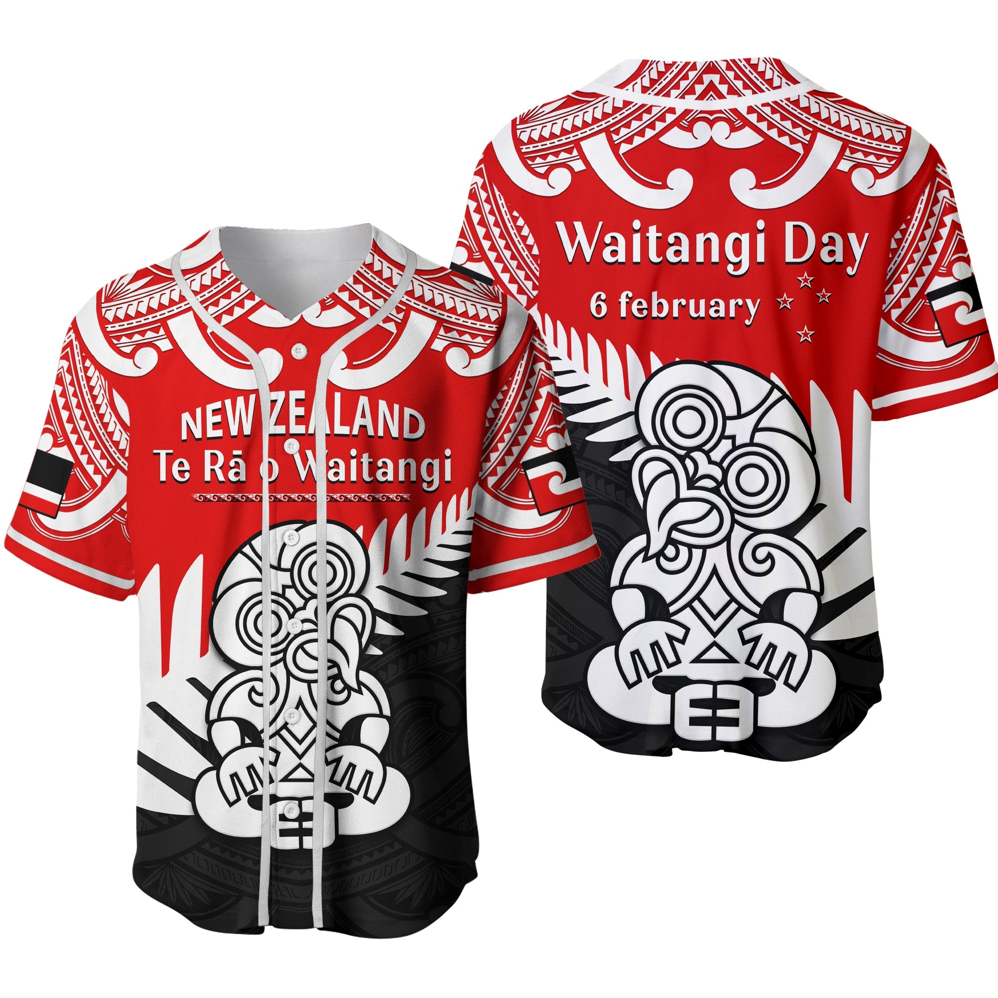 Waitangi Day Baseball Jersey Tino Rangatiratanga Flag With Tiki Maori Fern Ver.02 LT14 Red - Polynesian Pride