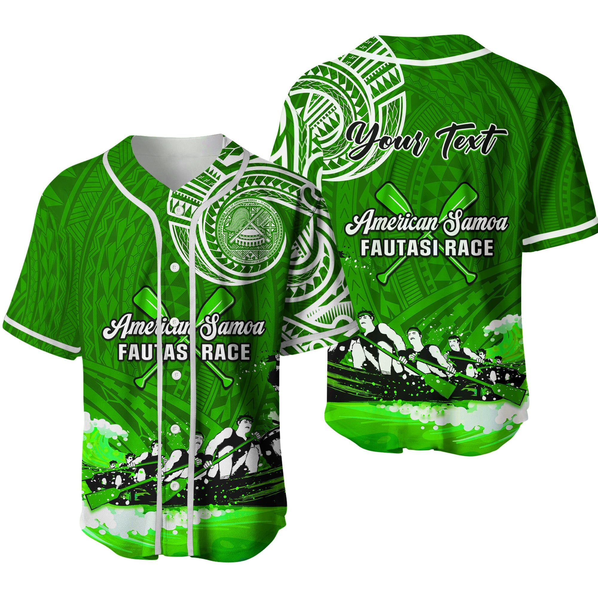 (Custom Personalised) American Samoa Baseball Jersey Border Fautasi Race Samoan Pattern Ver.02 LT14 Green - Polynesian Pride