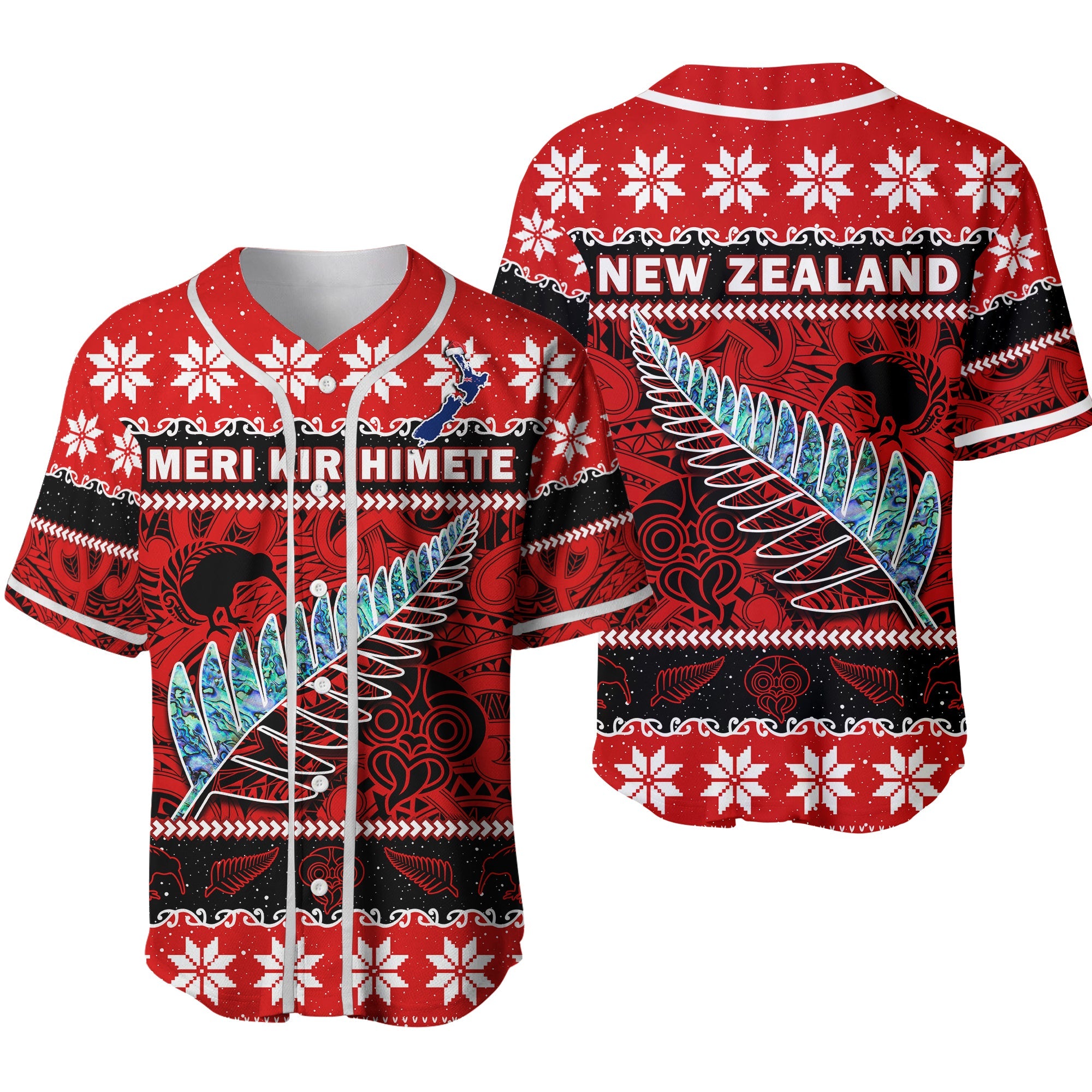 New Zealand Christmas Baseball Jersey Paua Shell Silver Fern Meri Kirihimete Ver.02 LT14 Red - Polynesian Pride