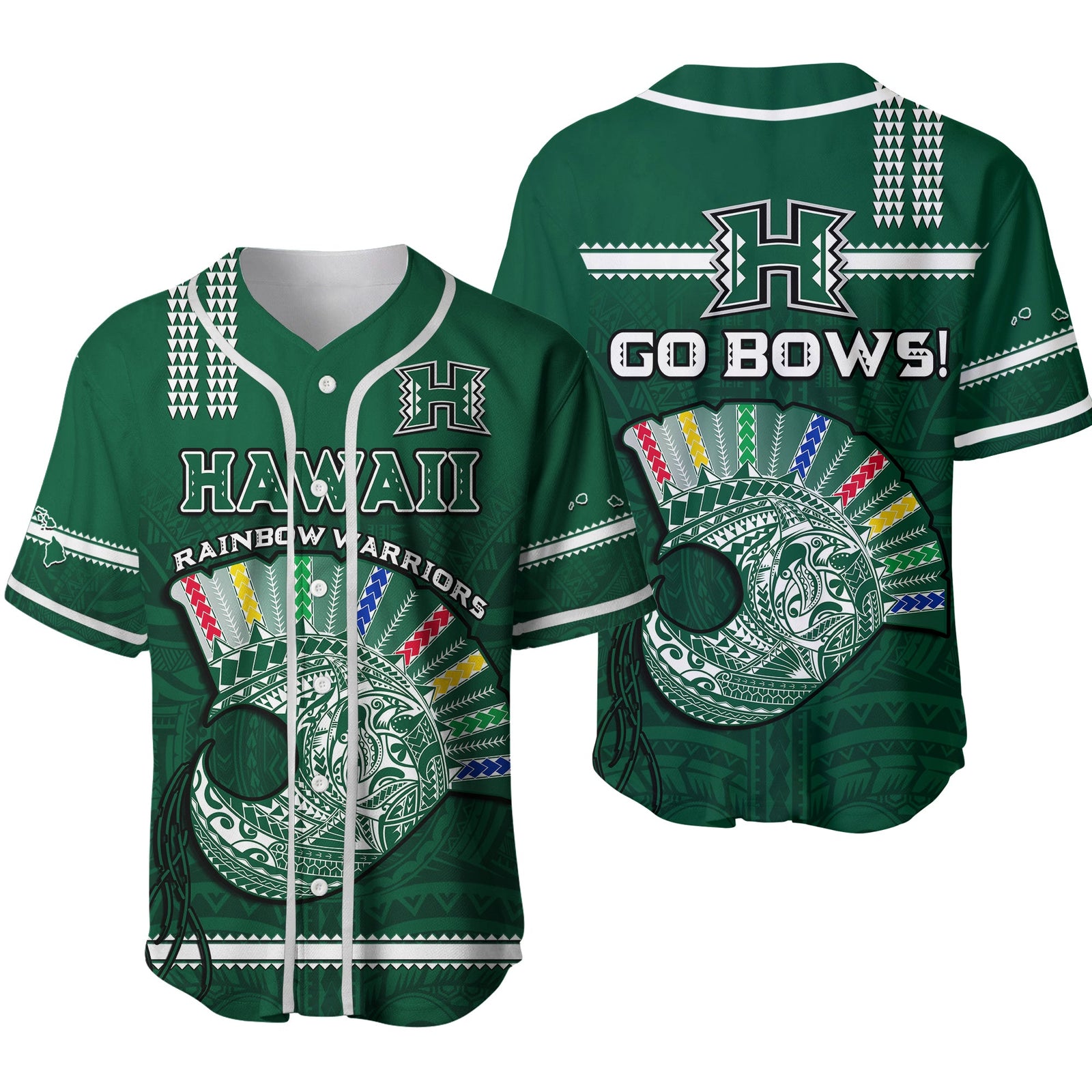 Hawaii Football Baseball Jersey Kakau Rainbow Warriors Helmet Go Bows Ver.02 LT14 Green - Polynesian Pride
