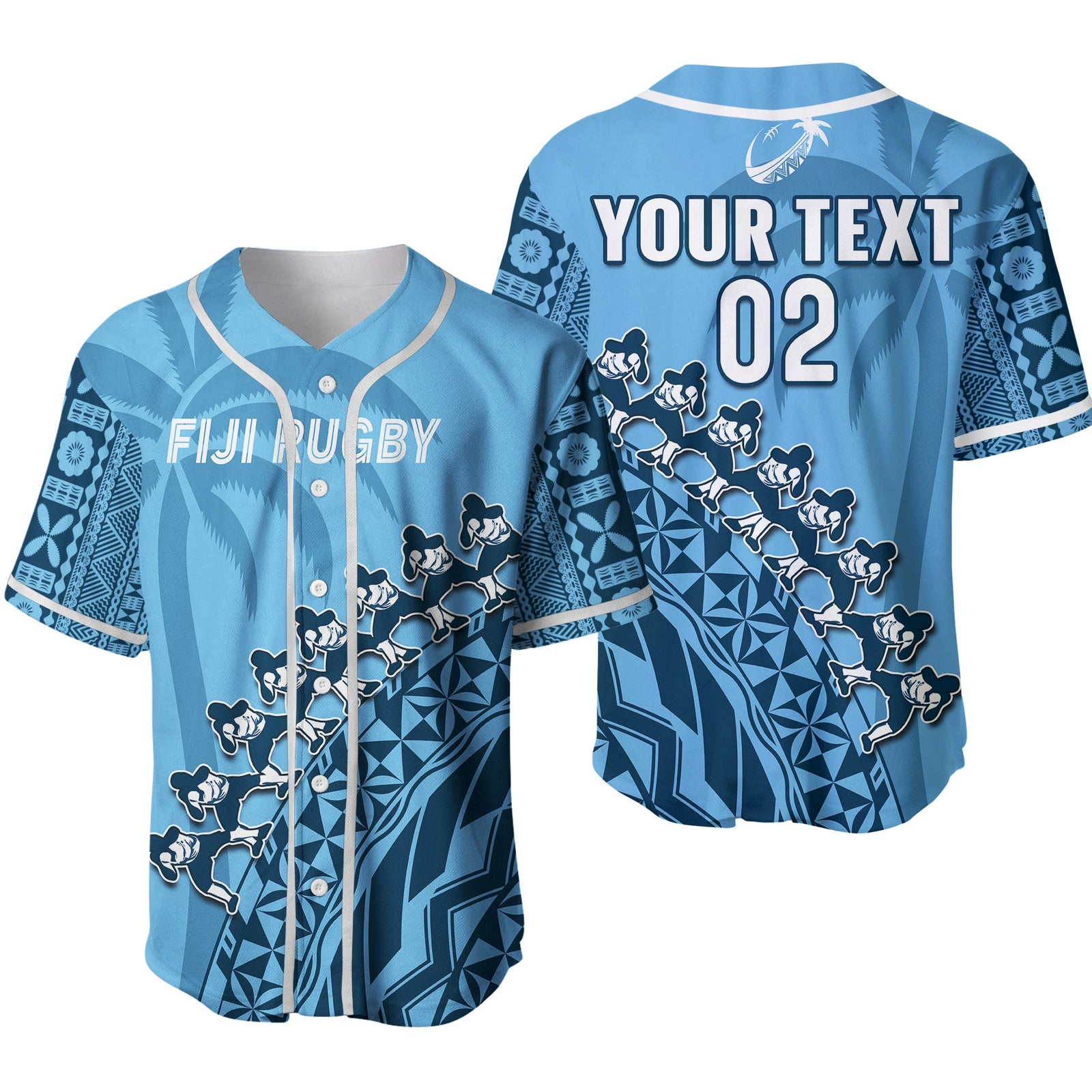 (Custom Text And Number) Fiji Tapa Rugby Baseball Jersey Fijian Cibi Dance Tapa Pattern Blue Ver.02 LT14 Blue - Polynesian Pride