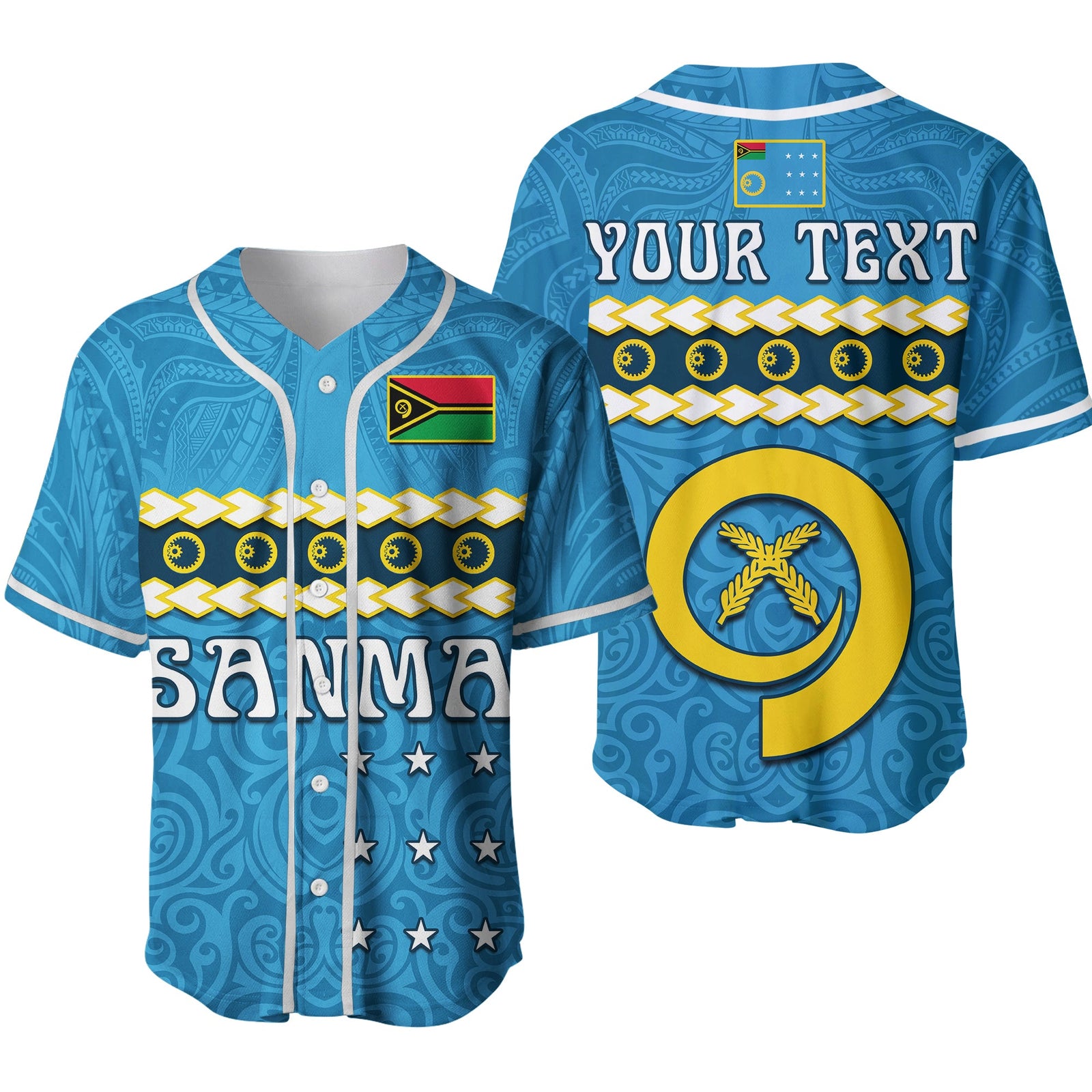 (Custom Personalised) Sanma Province Baseball Jersey Vanuatu Pig Tusk Polynesian Flag Style Ver.02 LT14 Blue - Polynesian Pride