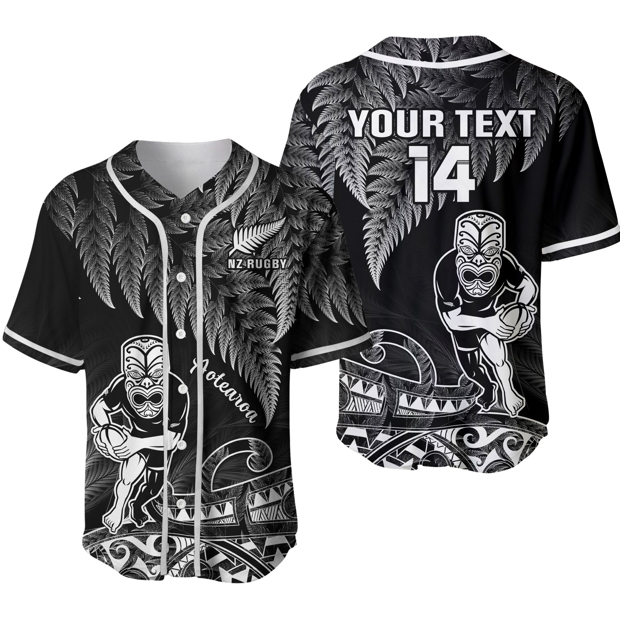 (Custom Text And Number) New Zealand Silver Fern Rugby Baseball Jersey All Black Koru Maori Ver.02 LT14 Black - Polynesian Pride