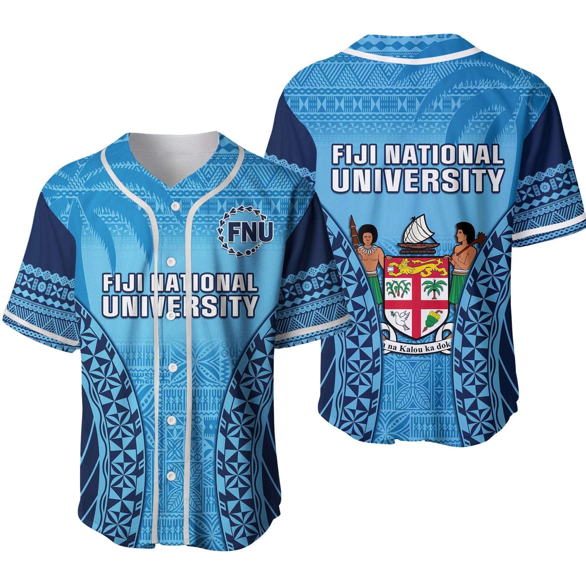 Fiji University Baseball Jersey National Fijian Tapa Pattern Blue Ver.02 LT14 Blue - Polynesian Pride