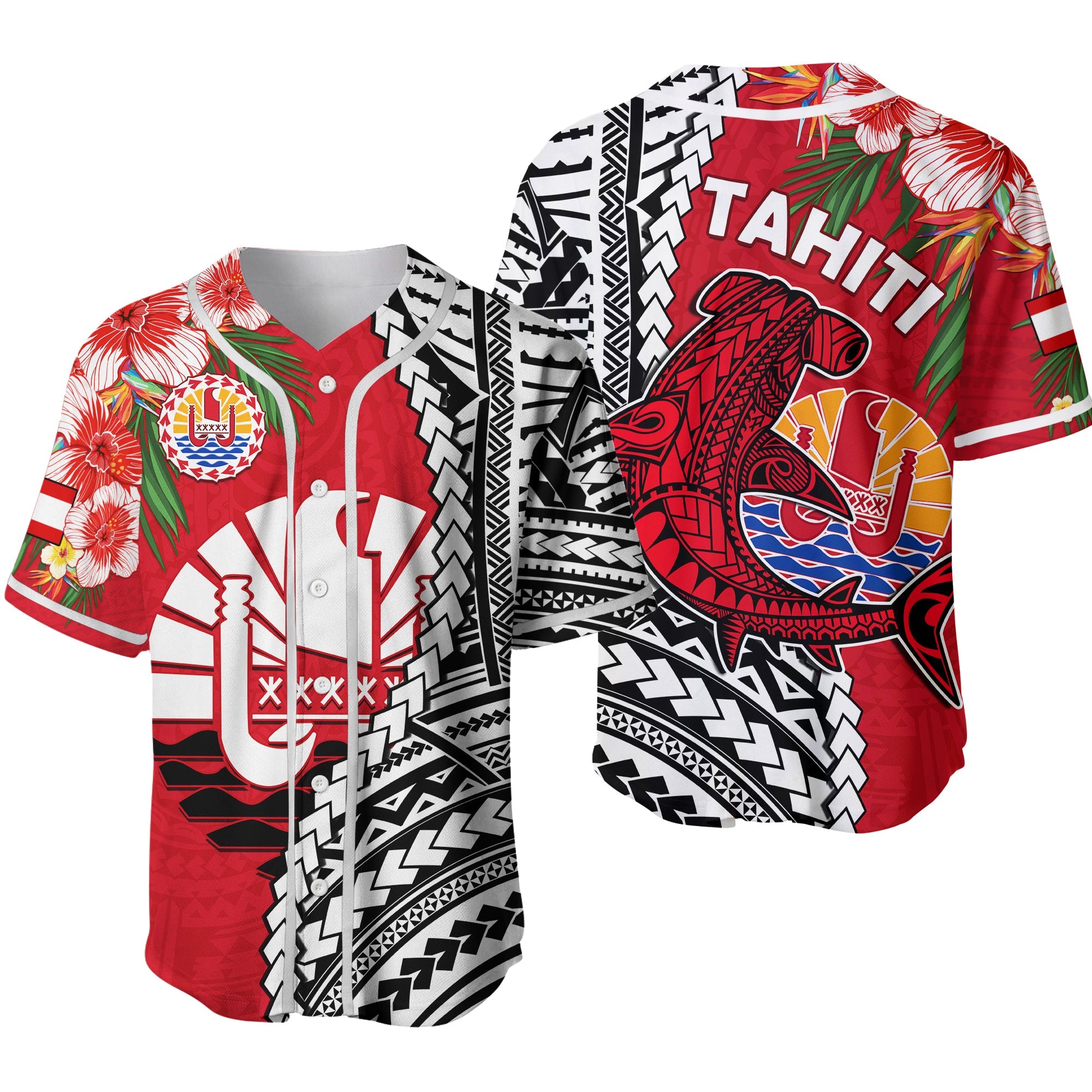 Tahiti Islands Baseball Jersey Polynesian Shark Mix Tropical Flowers Ver.02 LT14 Red - Polynesian Pride