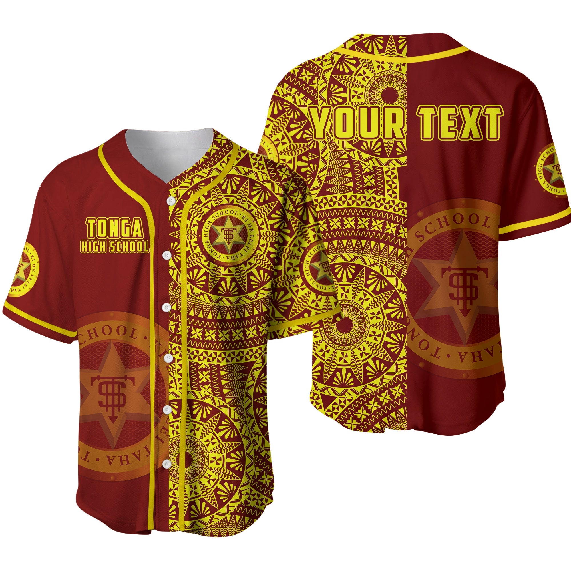 (Custom Personalised) Tonga High School Baseball Jersey Tongan Ngatu Pattern Ver.02 LT14 Red - Polynesian Pride