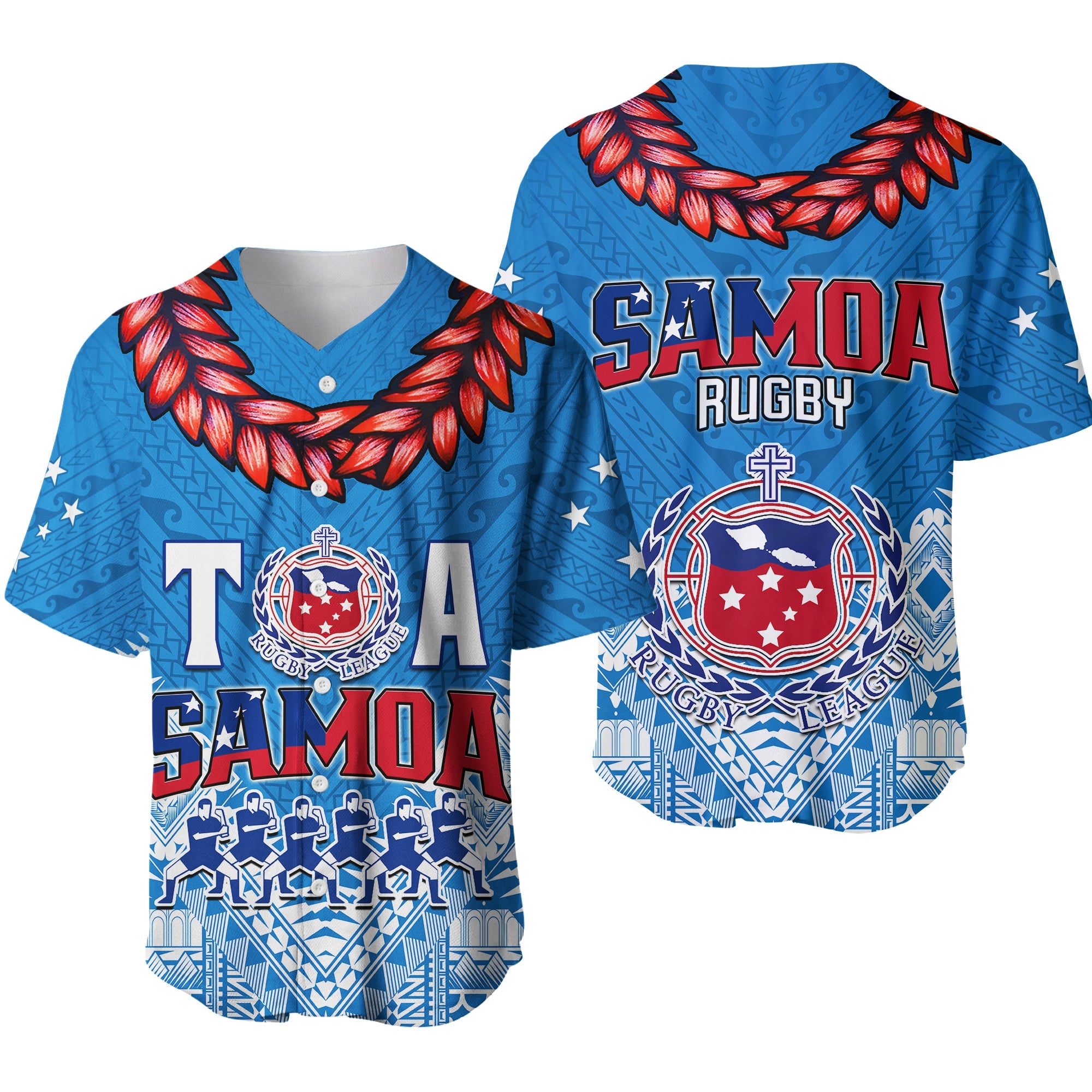 Toa Samoa Rugby Baseball Jersey Manu Siva Tau Style Ulafala LT13 Blue - Polynesian Pride