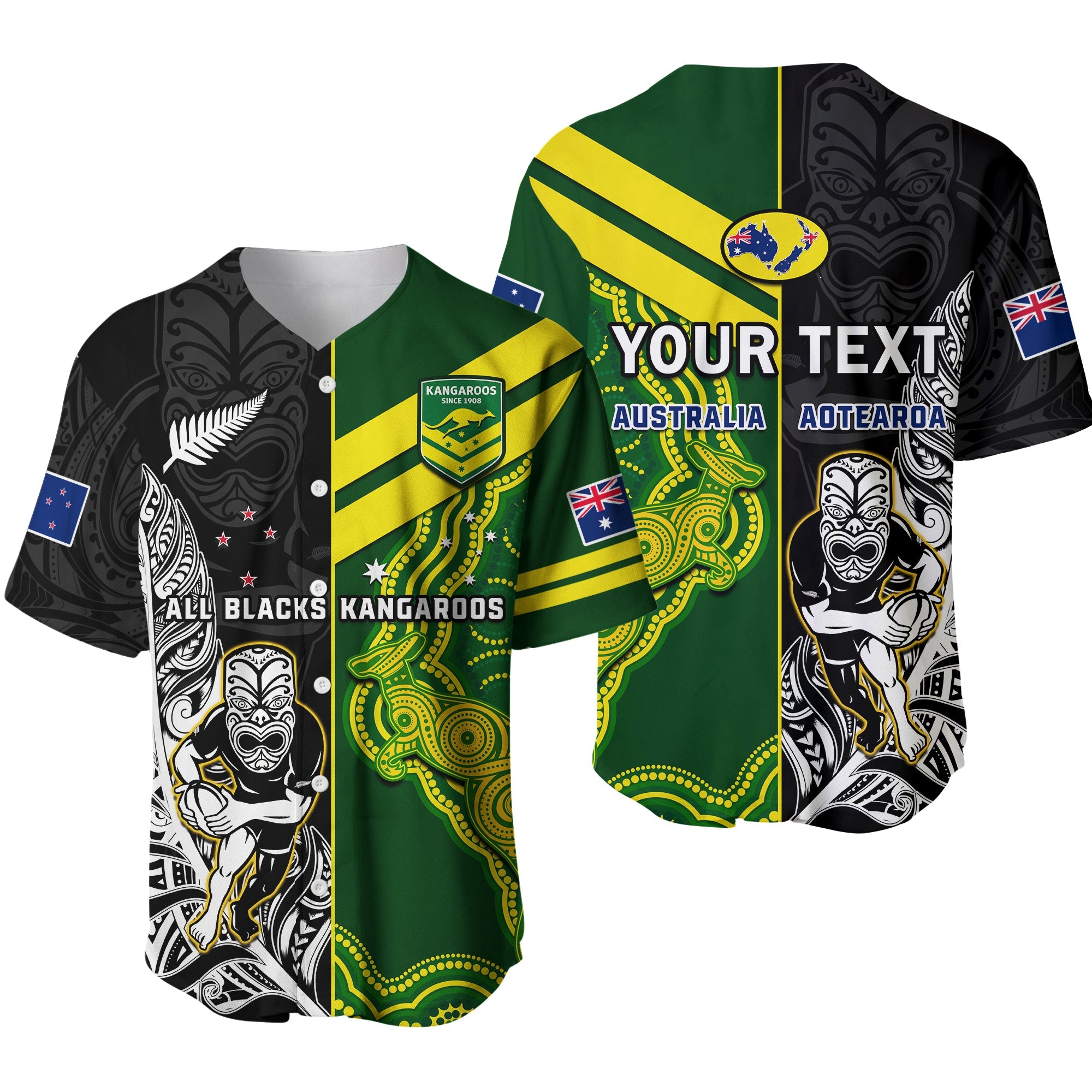 (Custom Personalised) Australia Kangaroos And All Black Rugby Baseball Jersey Aboriginal Mix NZ Maori Fern Ver.01 LT14 Black - Polynesian Pride