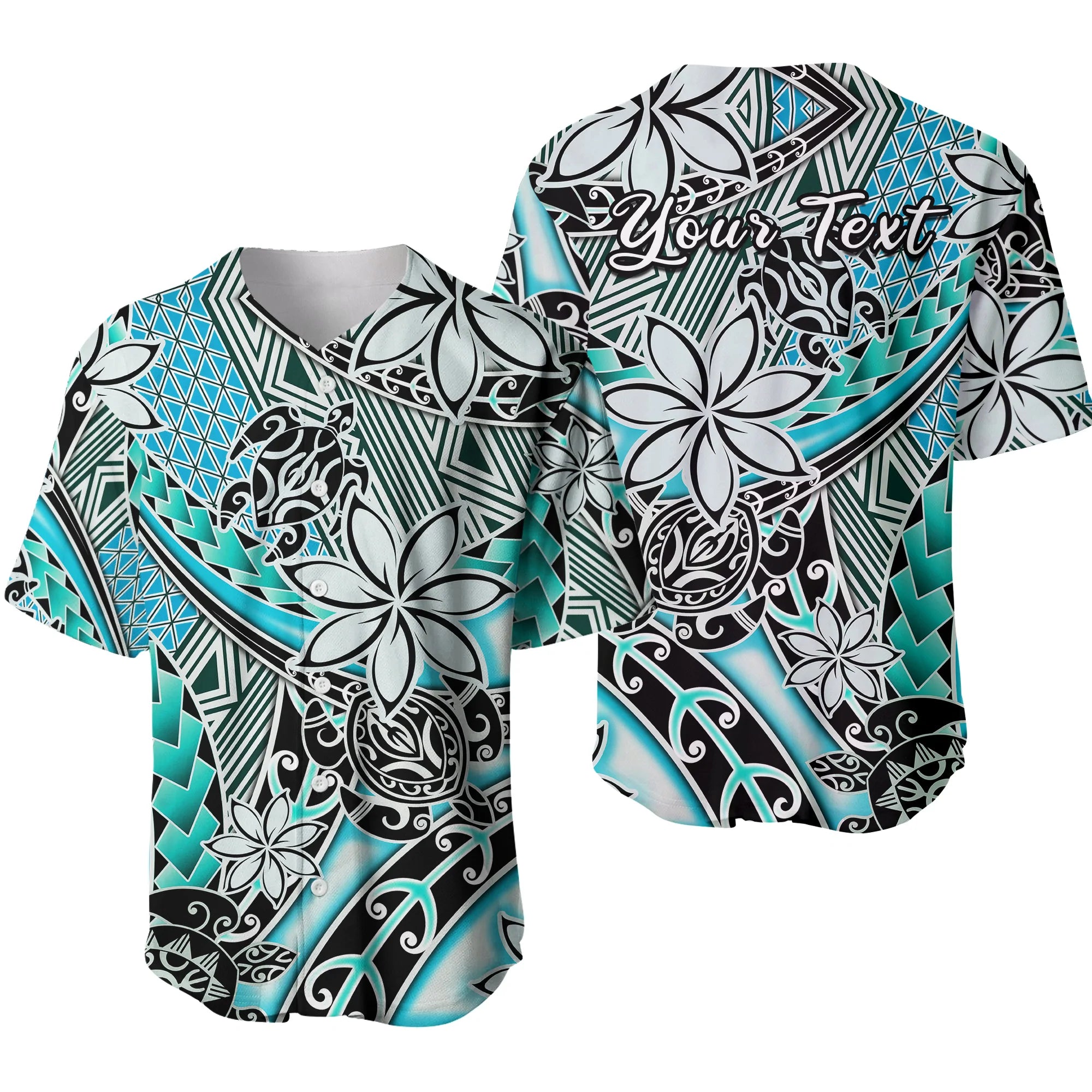 (Custom Personalised) Hawaii Baseball Jersey Tribal Plumeria With Polynesian Turtle Ver.04 LT14 Turquoise - Polynesian Pride