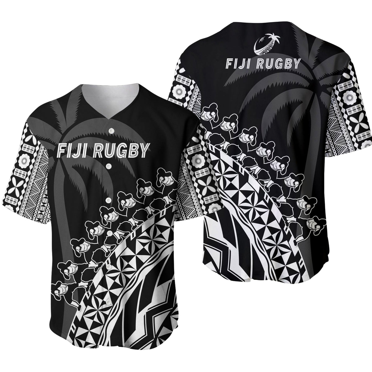 Fiji Rugby Baseball Jersey Fijian Cibi Dance Tapa Pattern Black LT14 Black - Polynesian Pride