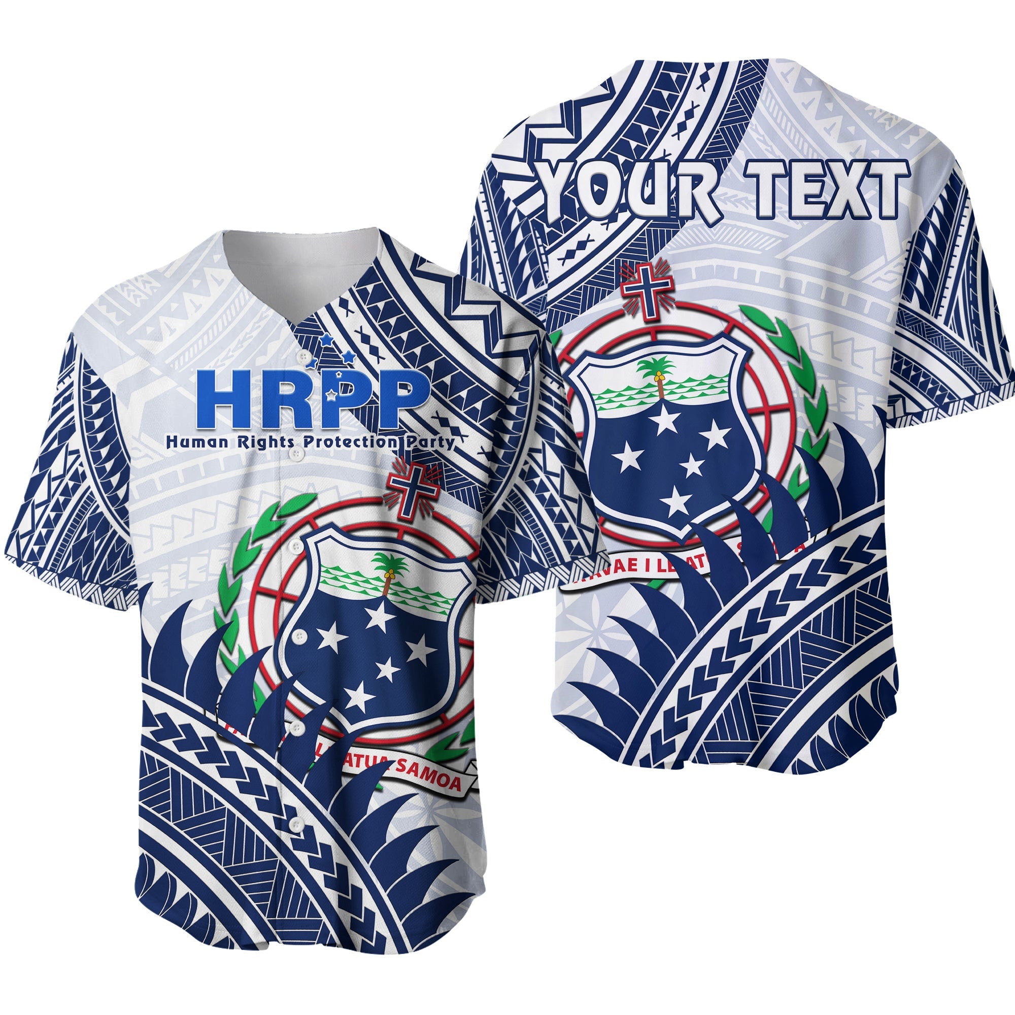 (Custom Personalised) HRPP Samoa Baseball Jersey Samoan Coat Of Arms Polynesian Pattern LT14 White - Polynesian Pride