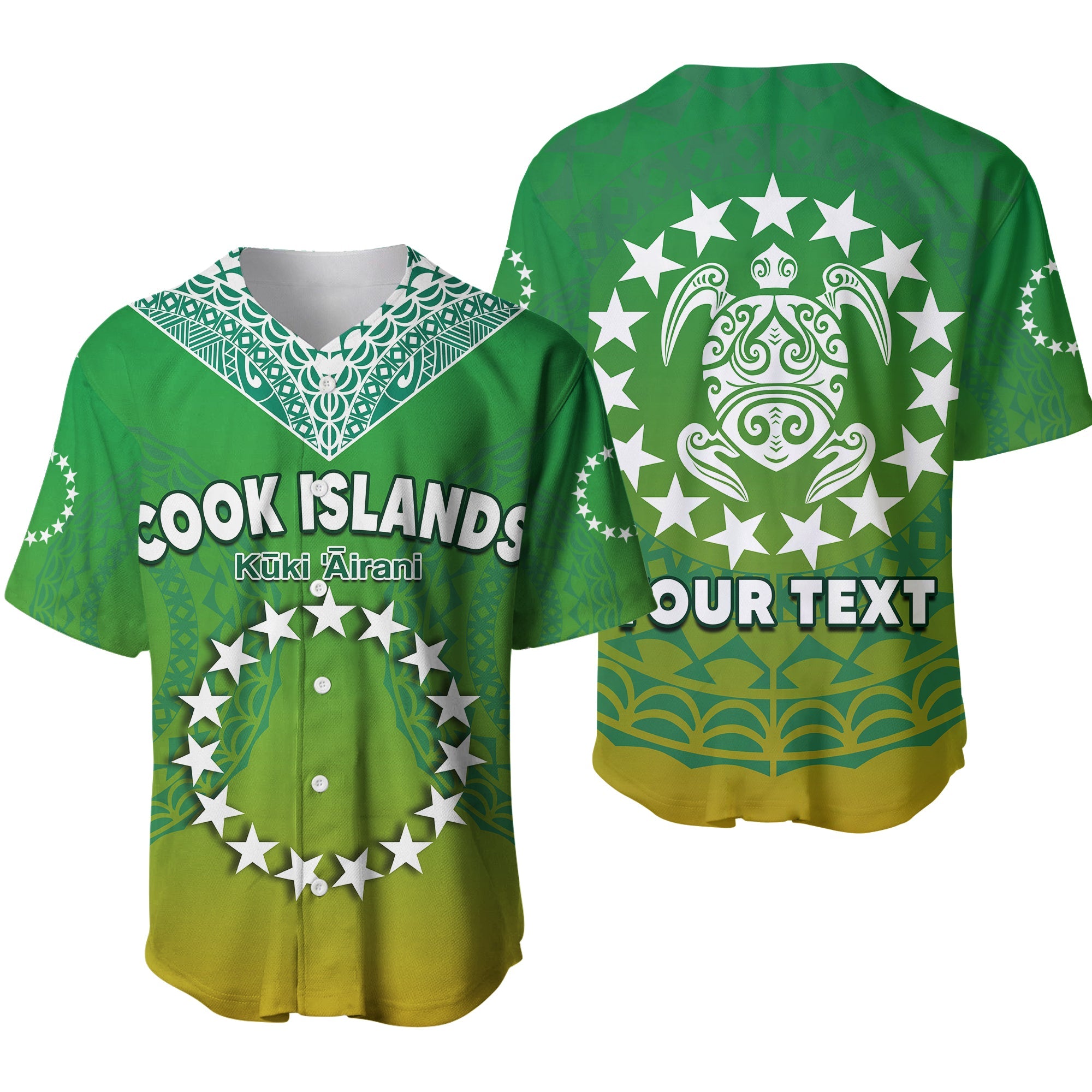 (Custom Personalised) Cook Islands Baseball Jersey Circle Pattern Mix Sea Turtle Green Version LT14 Green - Polynesian Pride