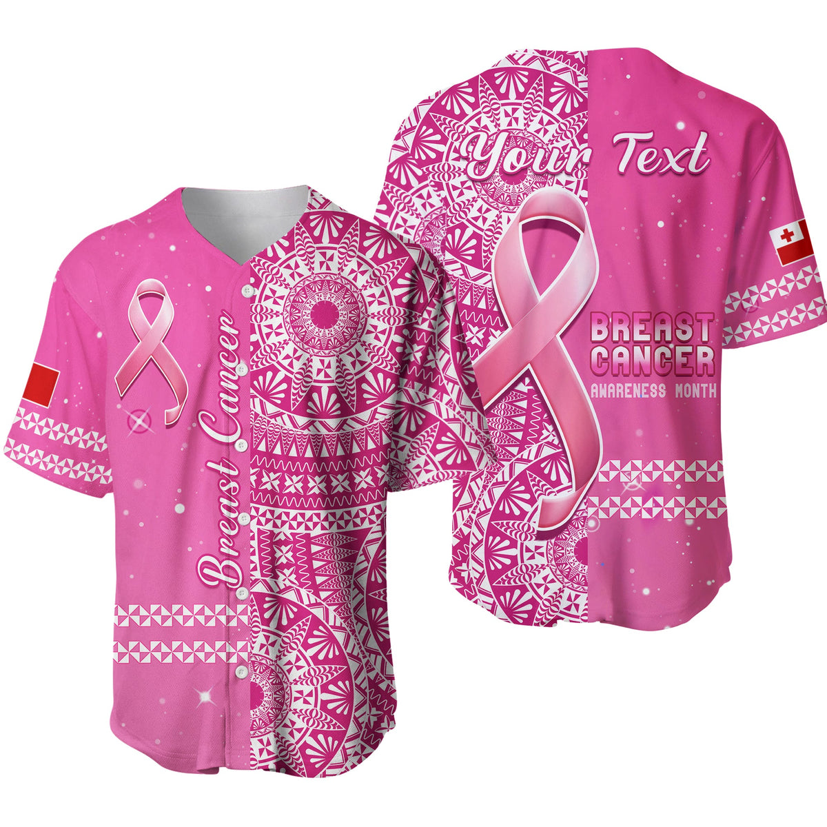 (Custom Personalised) Tonga Breast Cancer Baseball Jersey Tongan Ngatu Pattern No One Fights Alone LT14 Pink - Polynesian Pride