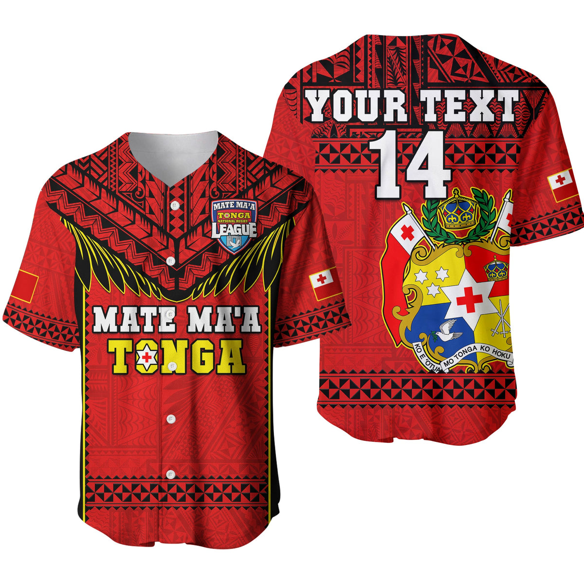 (Custom Text And Number) Tonga Rugby Baseball Jersey Mate Maa Tonga Pacific Ngatu Black LT14 Red - Polynesian Pride
