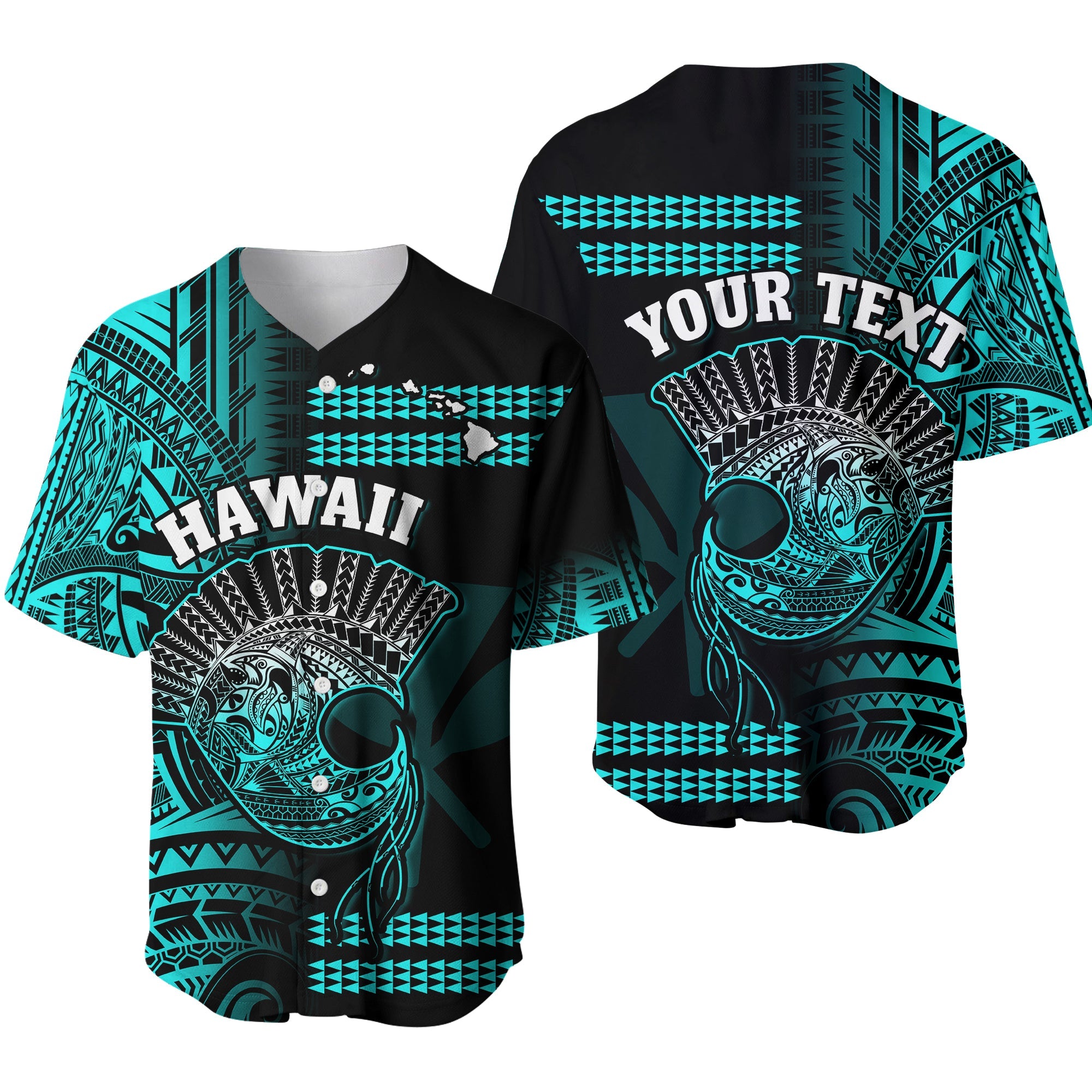 (Custom Personalised) Hawaii Baseball Jersey Kakau Warrior Helmet Gradient Turquoise Polynesian Ver.01 LT14 Turquoise - Polynesian Pride