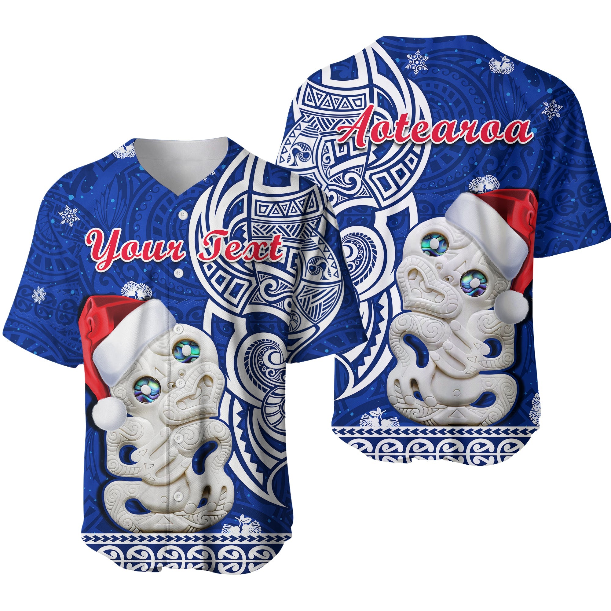 (Custom Personalised) New Zealand Christmas Baseball Jersey Hei Tiki Blue Pohutukawa Meri Kirihimete LT14 Blue - Polynesian Pride