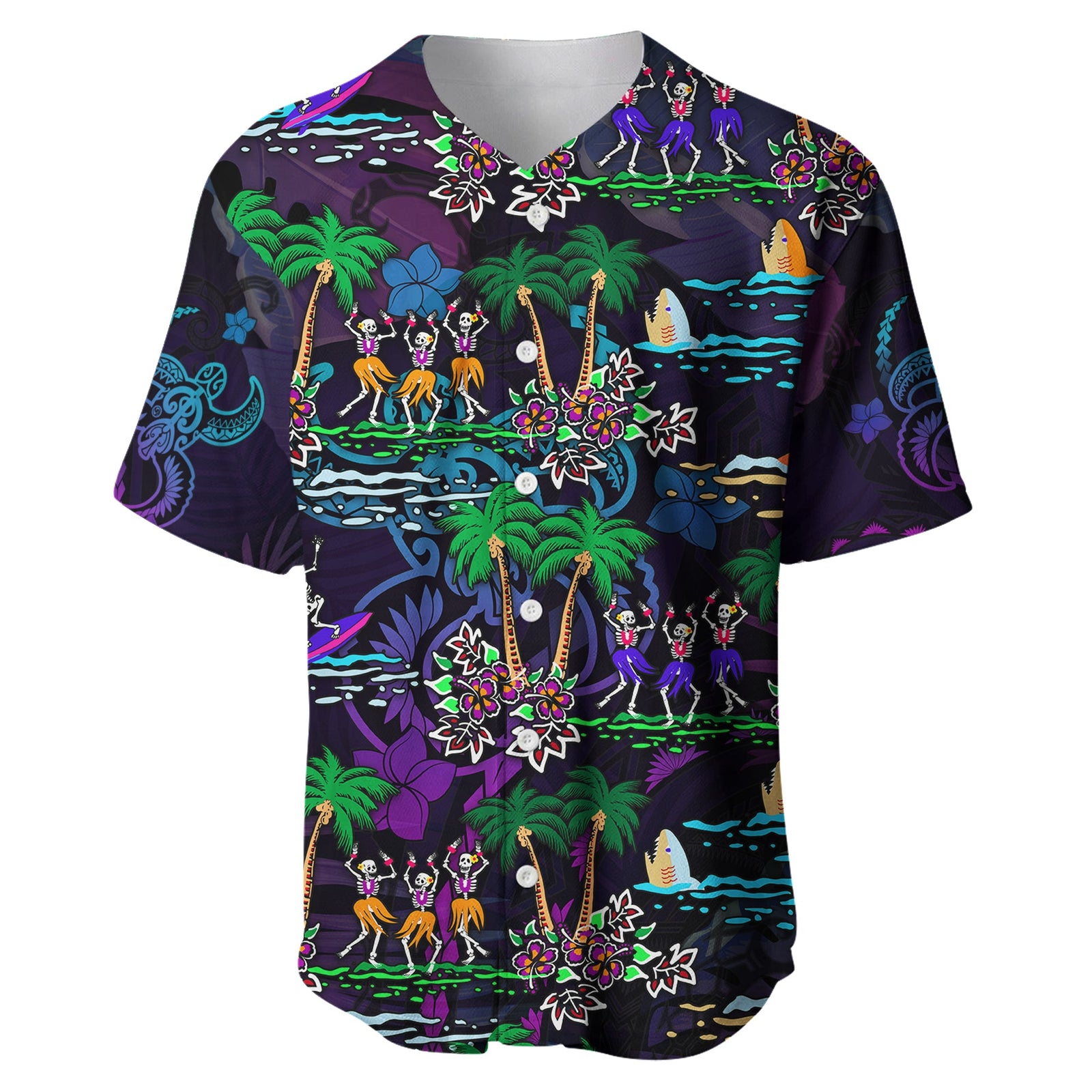 Hawaii Skeleton Dancing Baseball Jersey Halloween Hawaiian Turtle LT13 Purple - Polynesian Pride