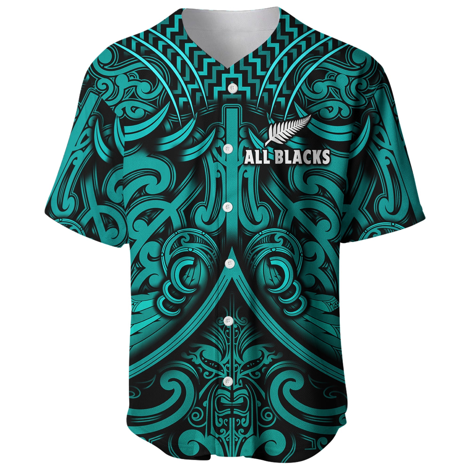 (Custom Text and Number) New Zealand Silver Fern Rugby Baseball Jersey All Black Turquoise NZ Maori Pattern LT13 Turquoise - Polynesian Pride