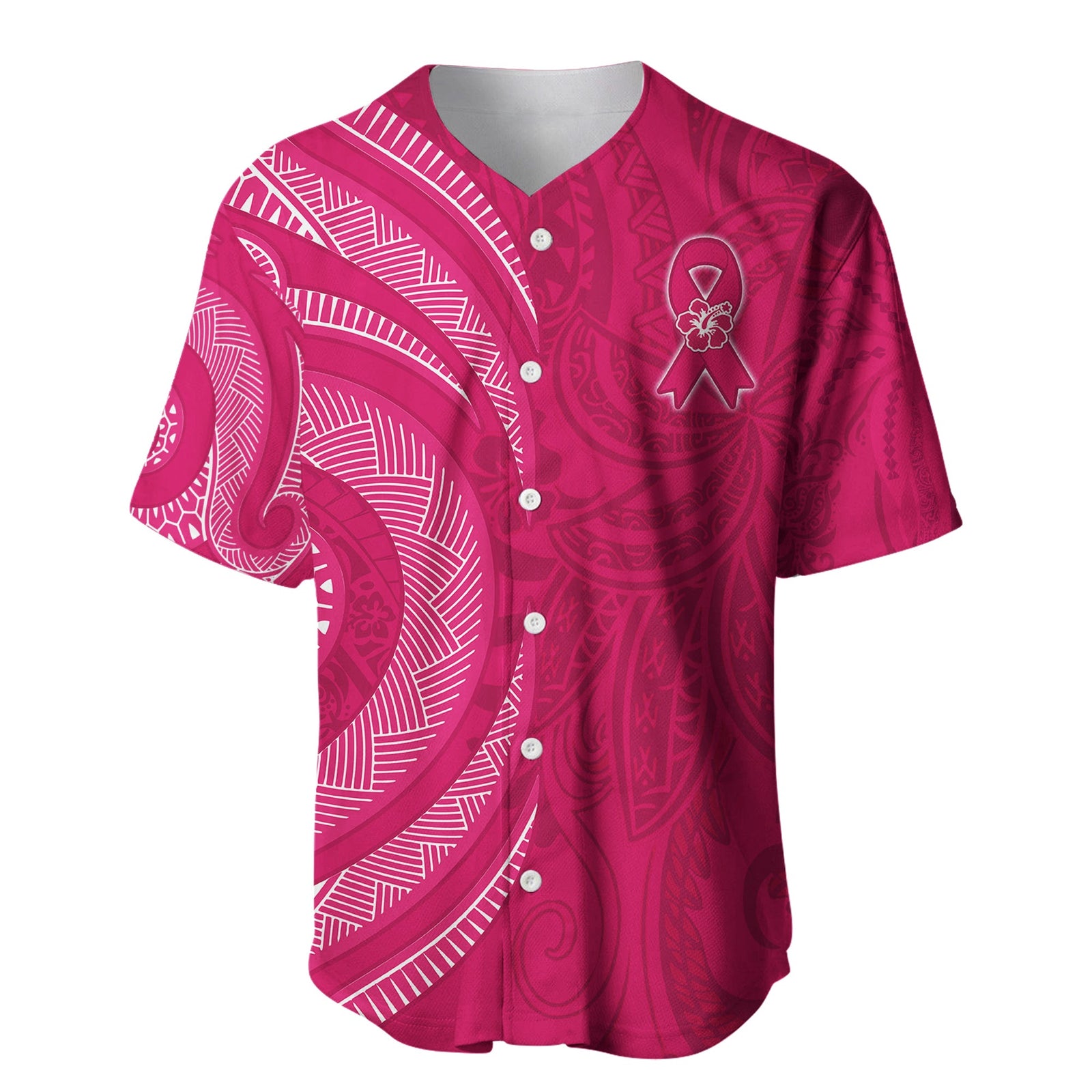 Breast Cancer Awareness Baseball Jersey Hibiscus Polynesian No One Fights Alone LT13 Pink - Polynesian Pride