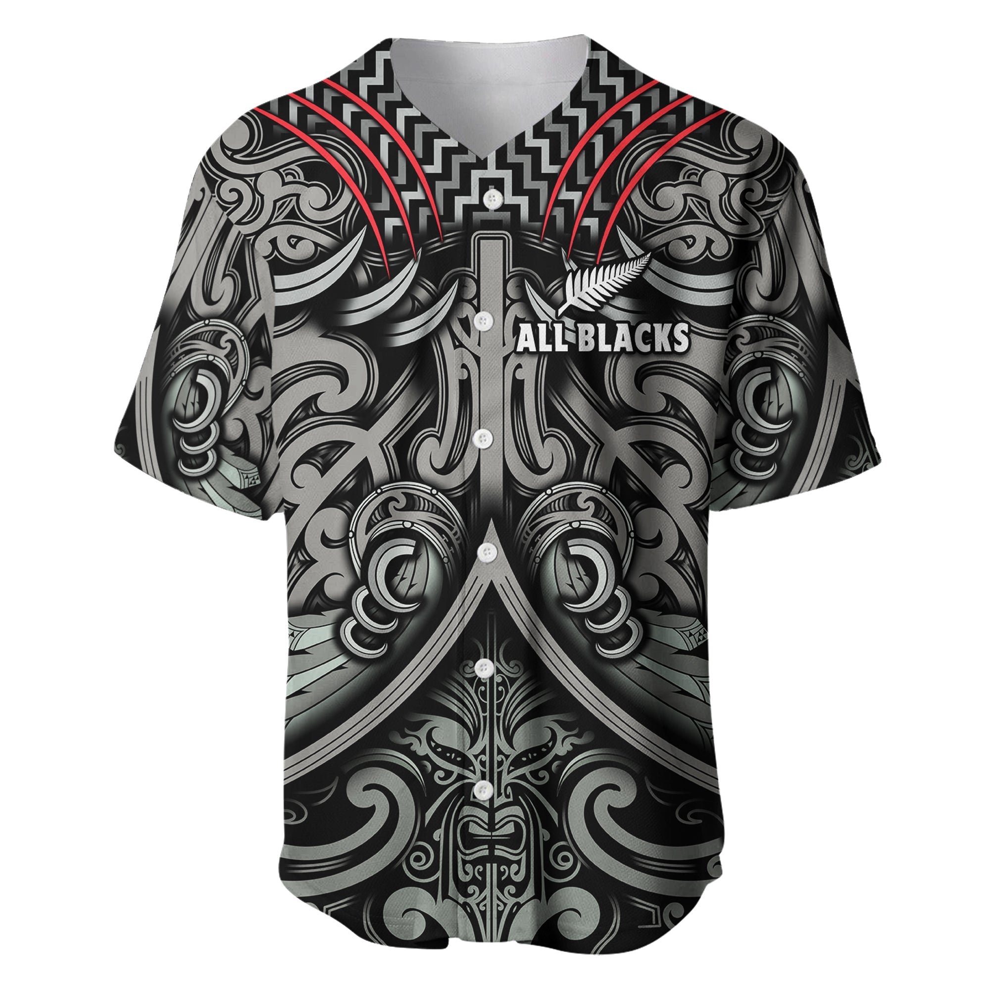 (Custom Text and Number) New Zealand Silver Fern Rugby Baseball Jersey All Black NZ Maori Pattern LT13 Black - Polynesian Pride