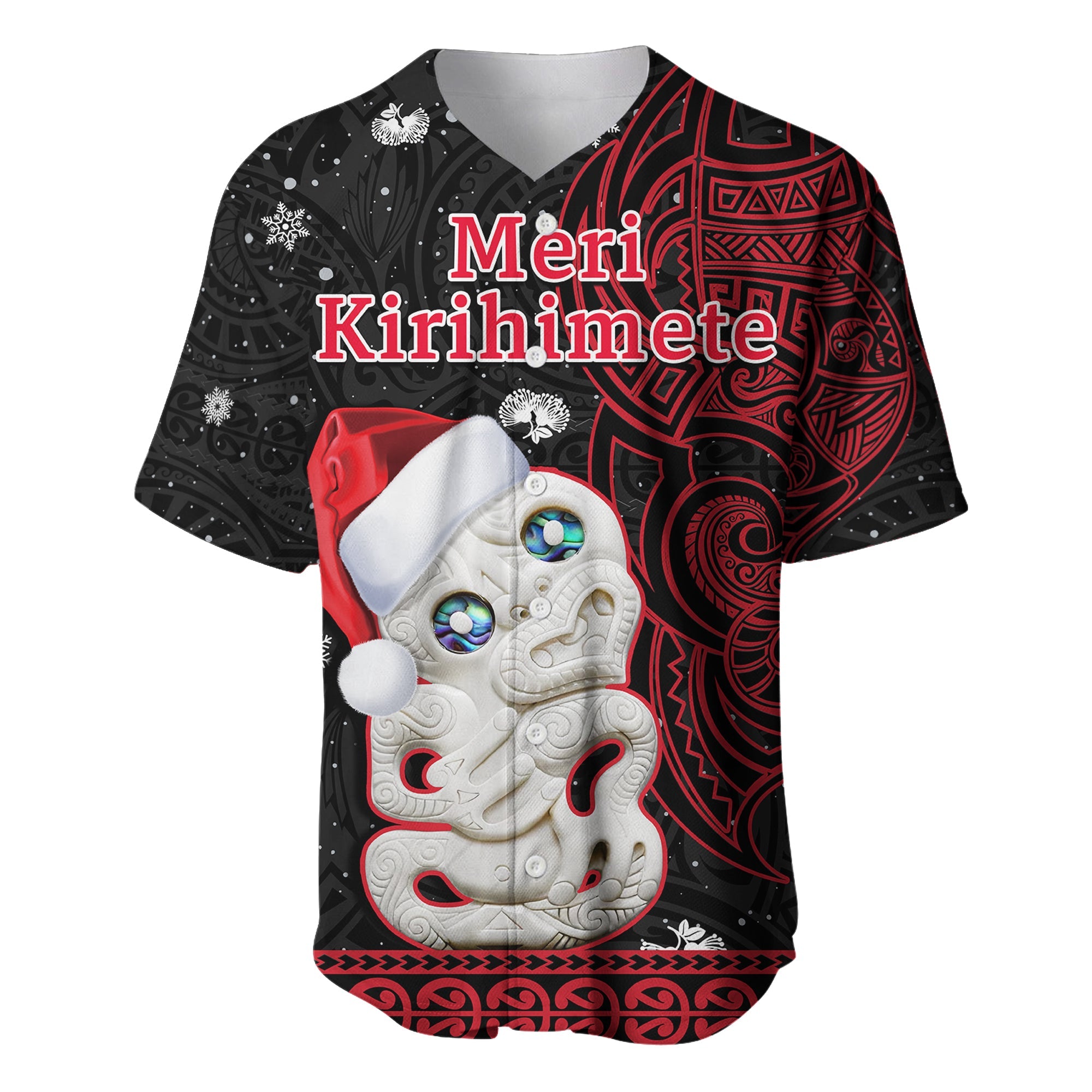 New Zealand Christmas Baseball Jersey Hei Tiki Red Pohutukawa Meri Kirihimete LT14 Red - Polynesian Pride