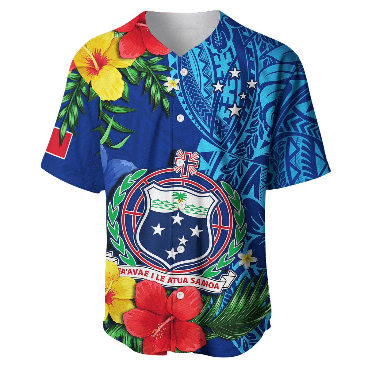 (Custom Personalised) Samoa Baseball Jersey Coat Of Arms Mix Tropical Flowers LT14 - Polynesian Pride