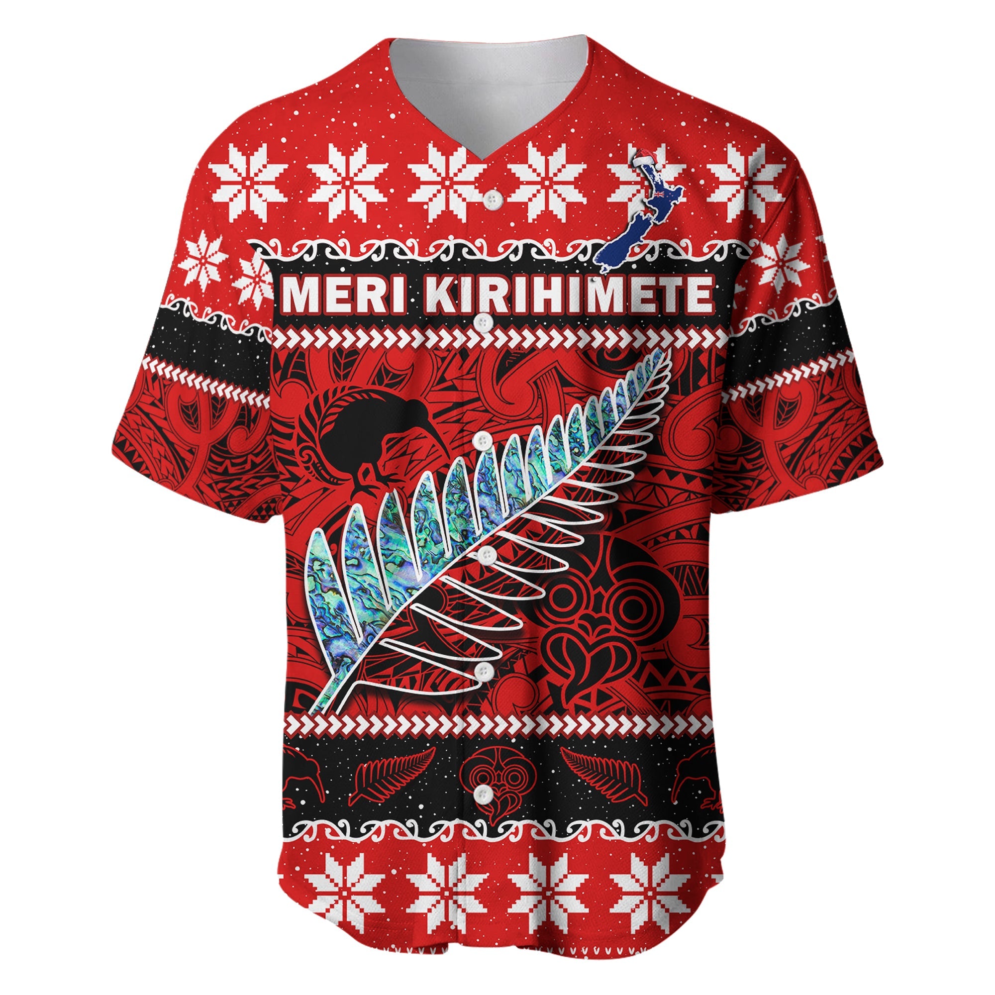 New Zealand Christmas Baseball Jersey Paua Shell Silver Fern Meri Kirihimete LT14 Red - Polynesian Pride